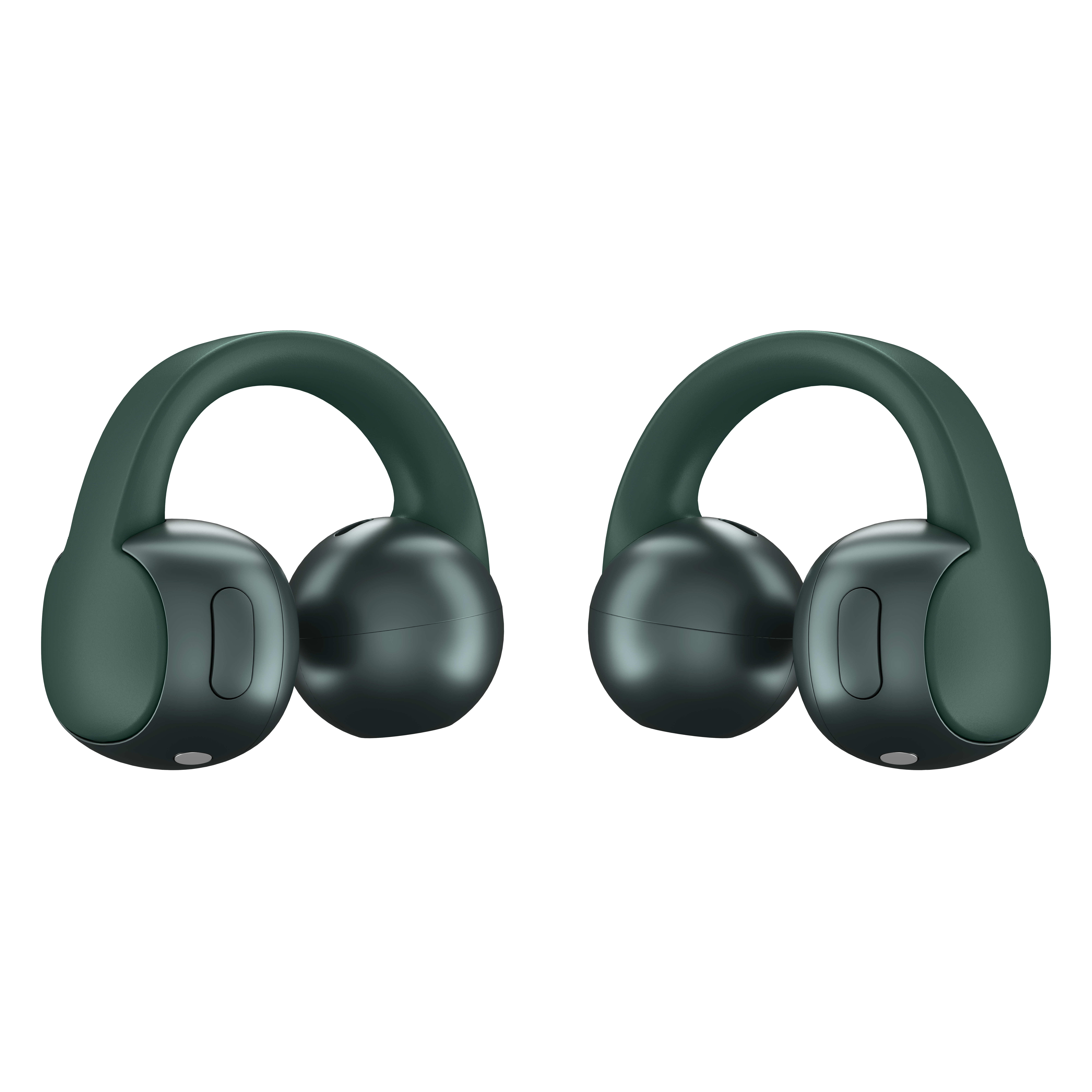 Dwa zielone zestawy słuchawkowe z zakrzywioną konstrukcją nauszników.