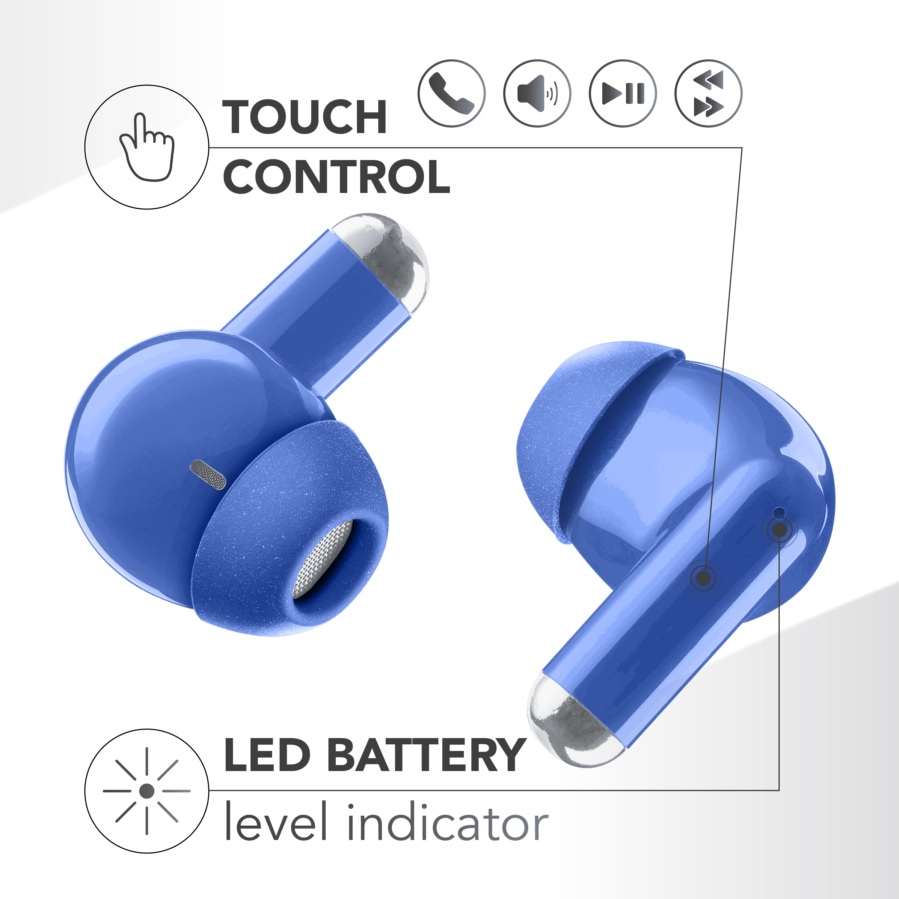 Blaue Ohrhörer mit Touch-Control-Symbolen. Text enthält LED-Akkustandsanzeige. Weißer Hintergrund.