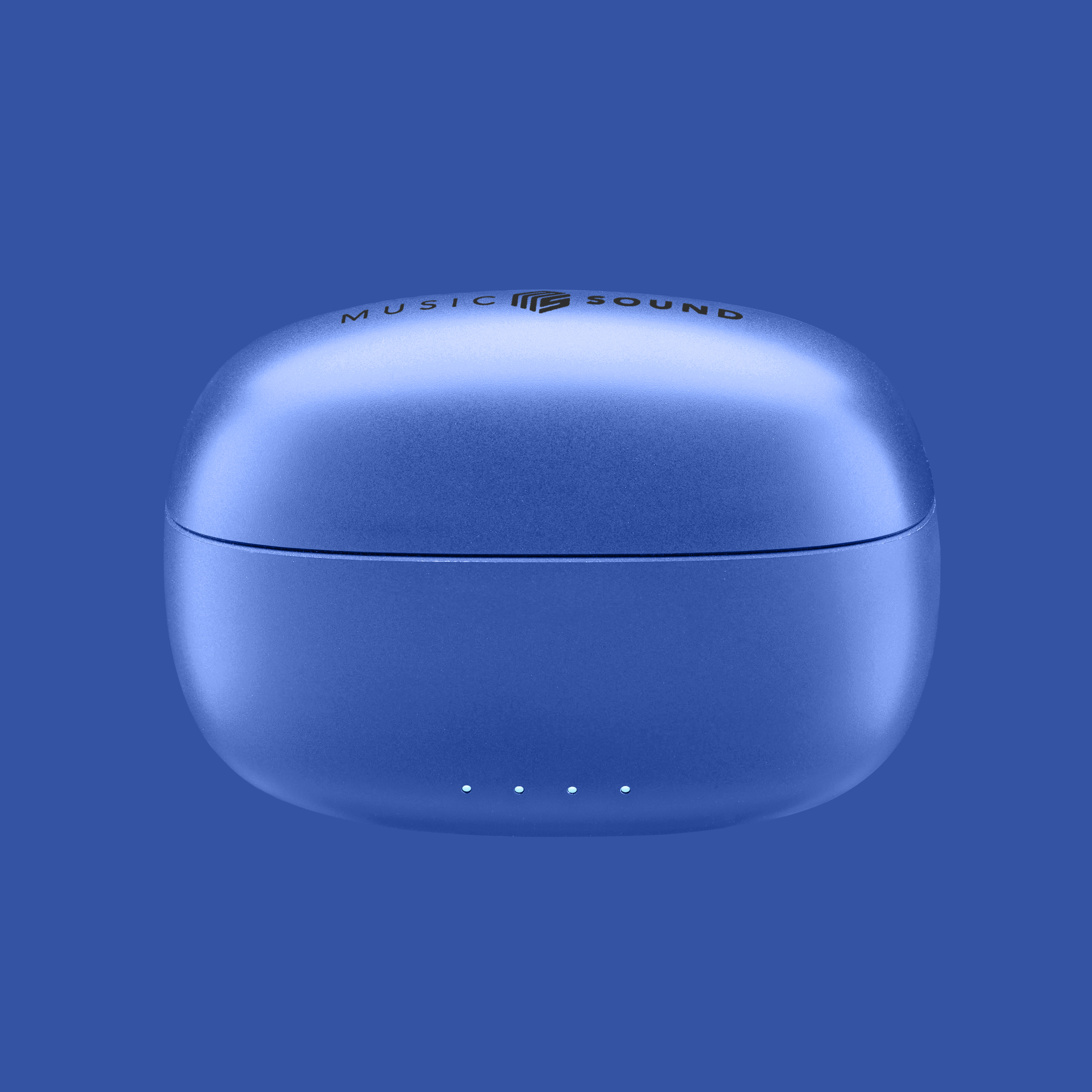 Blaue Ladebox mit Ohrhörern. Das Gehäuse ist geschlossen. Die Worte "MUSIC SOUND" stehen oben.