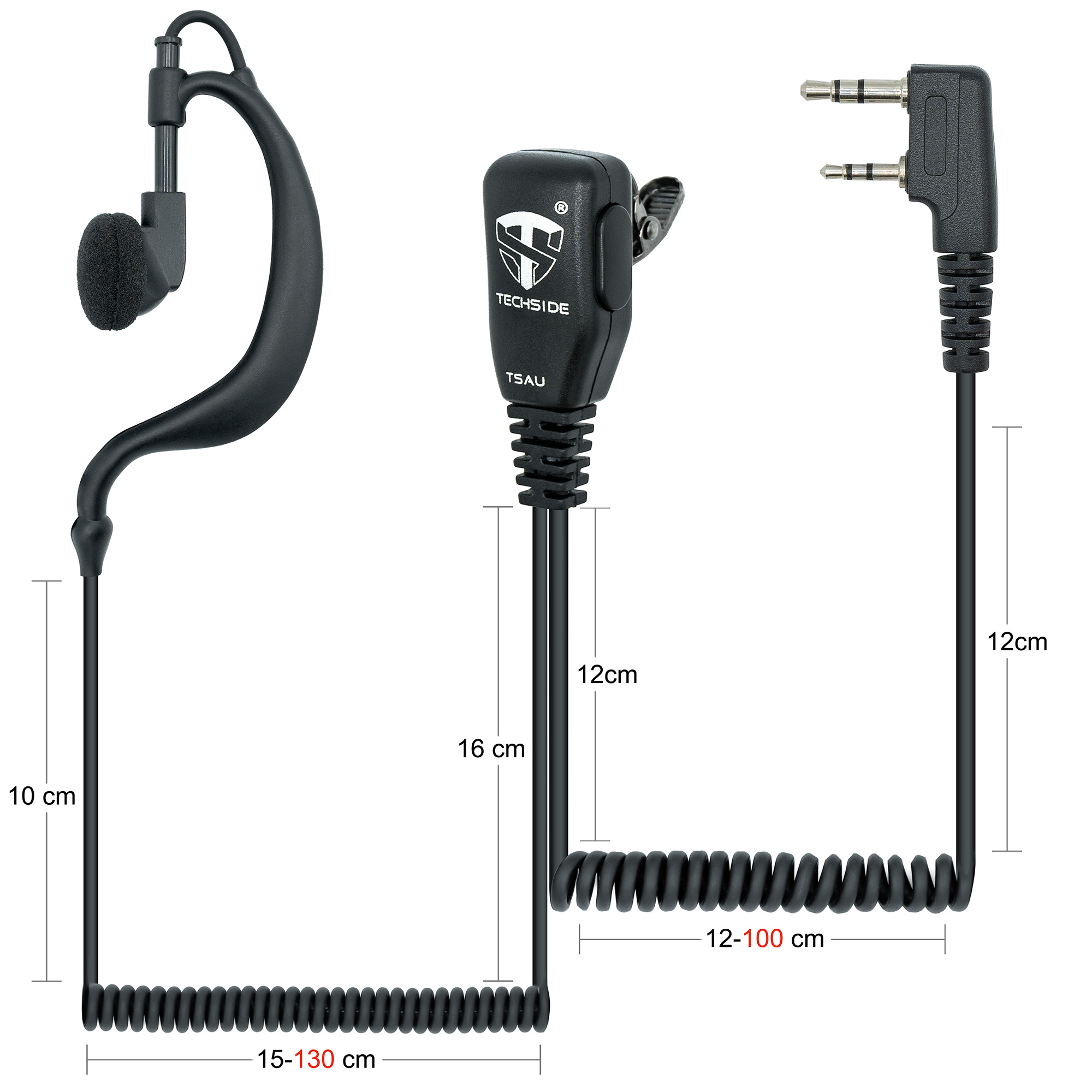 Diagramma di cuffie nere con misure: 10cm, 12cm, 16cm e 15-130cm.