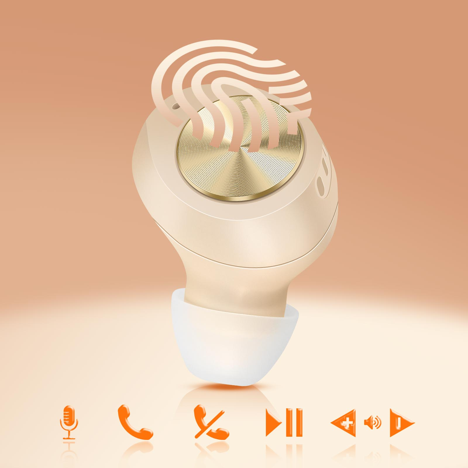 Auricolare wireless beige con dettagli oro, linee ondulate sopra. Icone microfono, telefono, pausa e volume in basso.