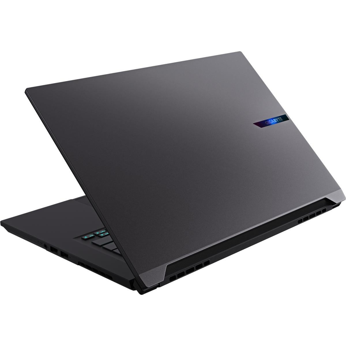 Dunkelgrauer Laptop mit Gigabyte-Logo. Der Bildschirm ist offen, Tastatur sichtbar. Weißer HG.