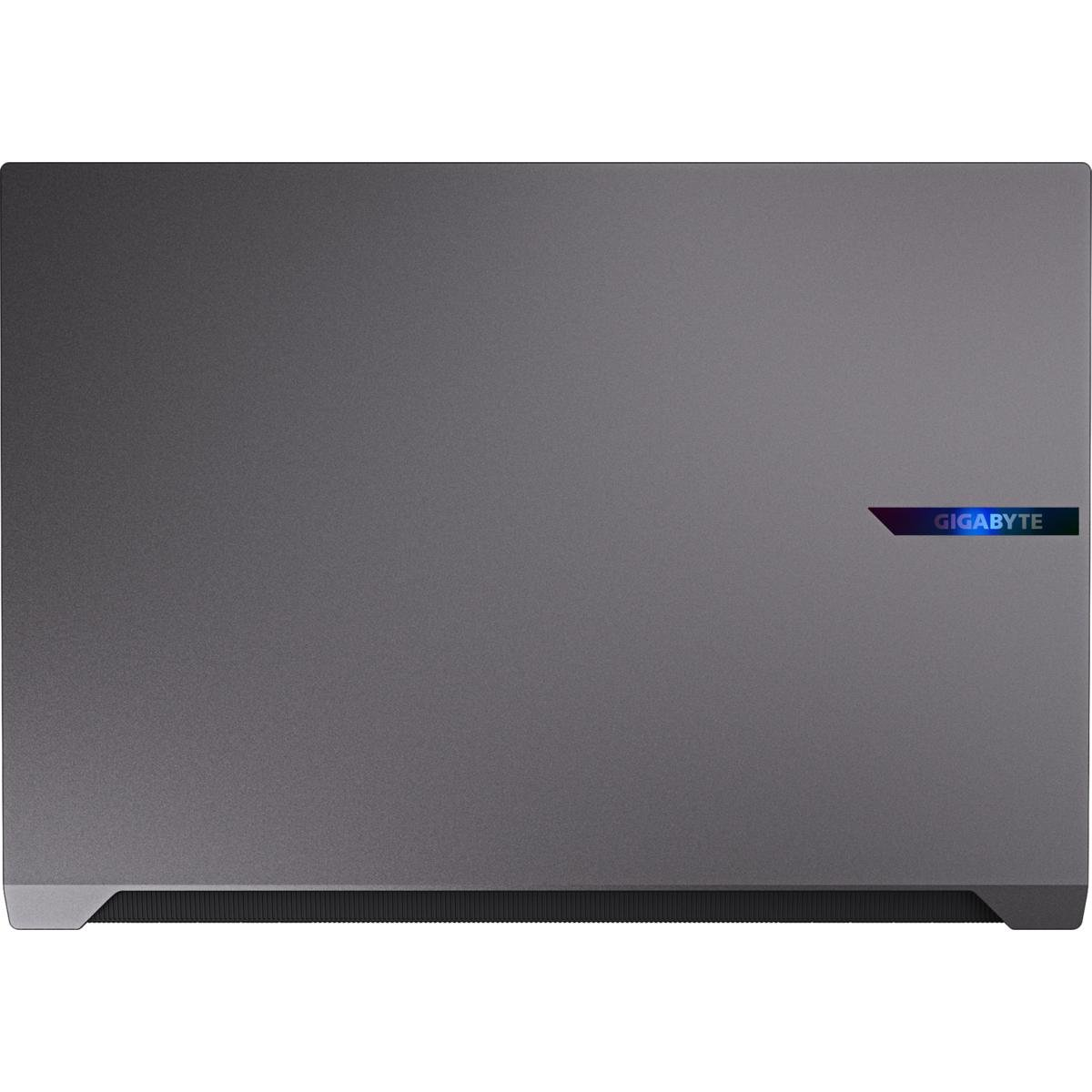 Draufsicht auf einen grauen Laptop mit dem Gigabyte-Logo auf der rechten Seite.