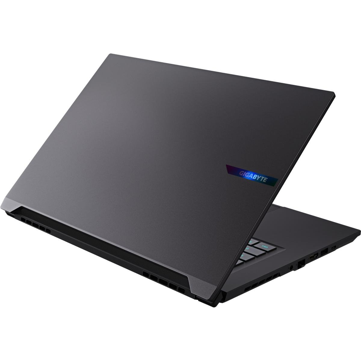 Dunkelgrauer Laptop mit Gigabyte-Logo. Der Bildschirm ist geschlossen. Der Hintergrund ist weiß.
