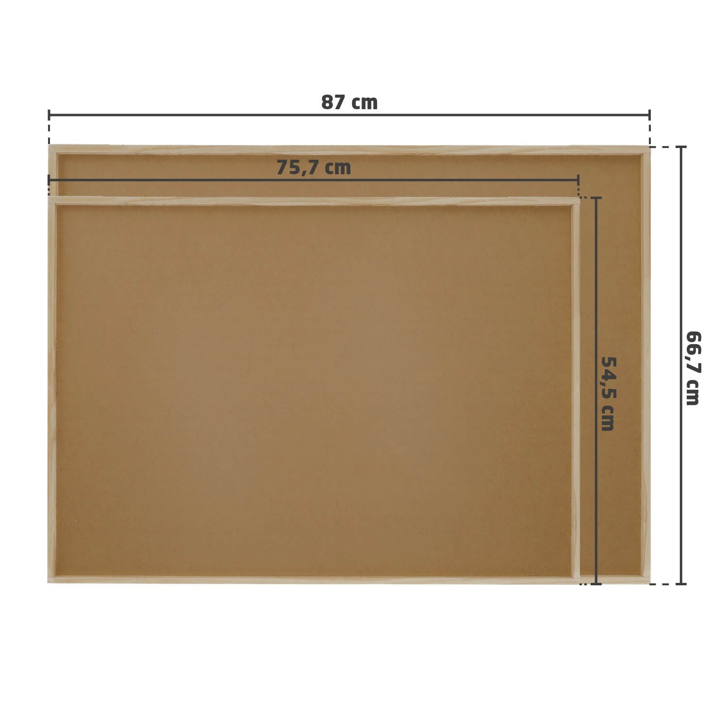Wooden frames with dimensions. The larger frame has a smaller one inside. Dimensions are in centimeters.