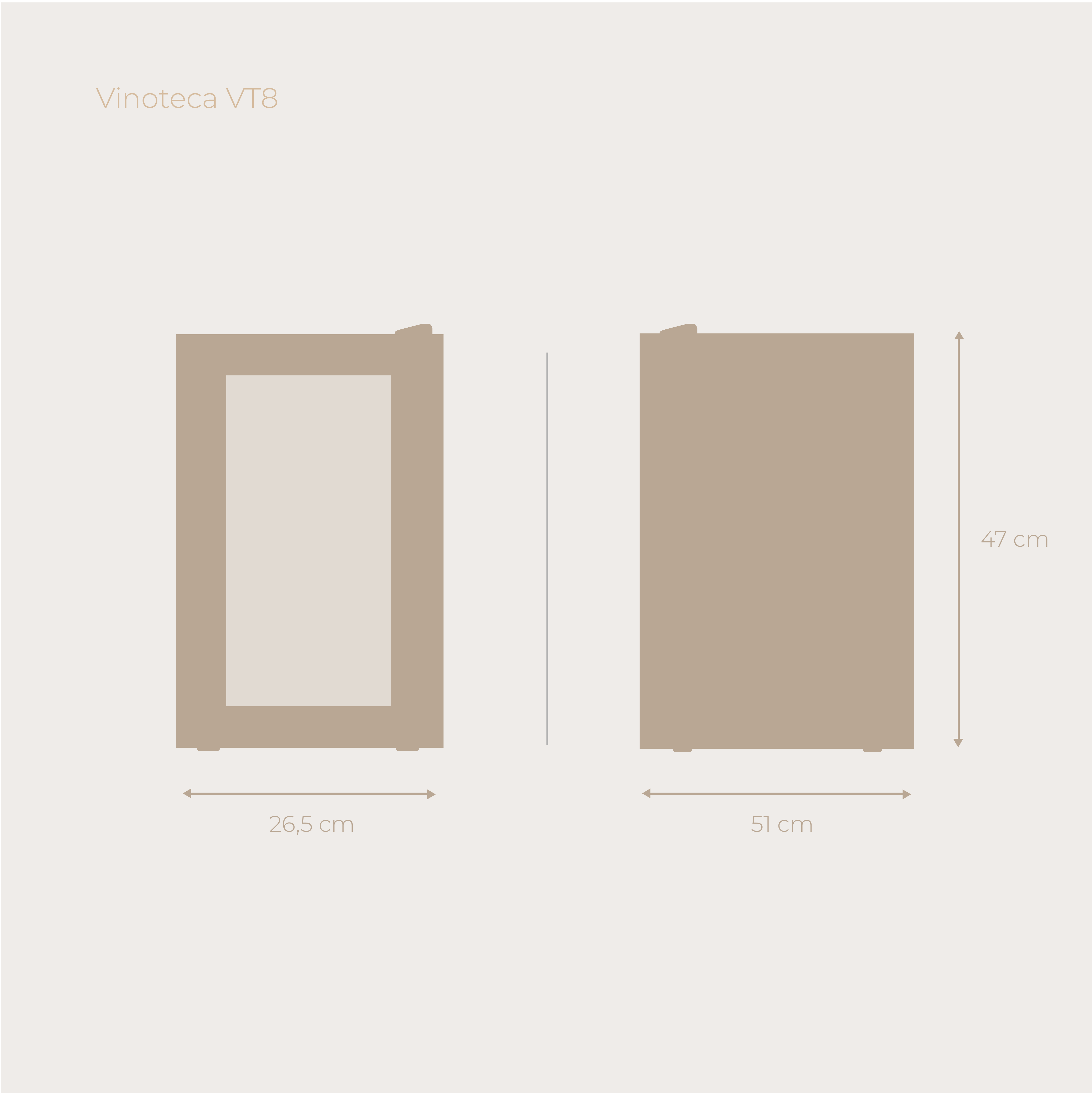 Dos diagramas muestran las dimensiones de una vinoteca, con vista frontal y lateral.