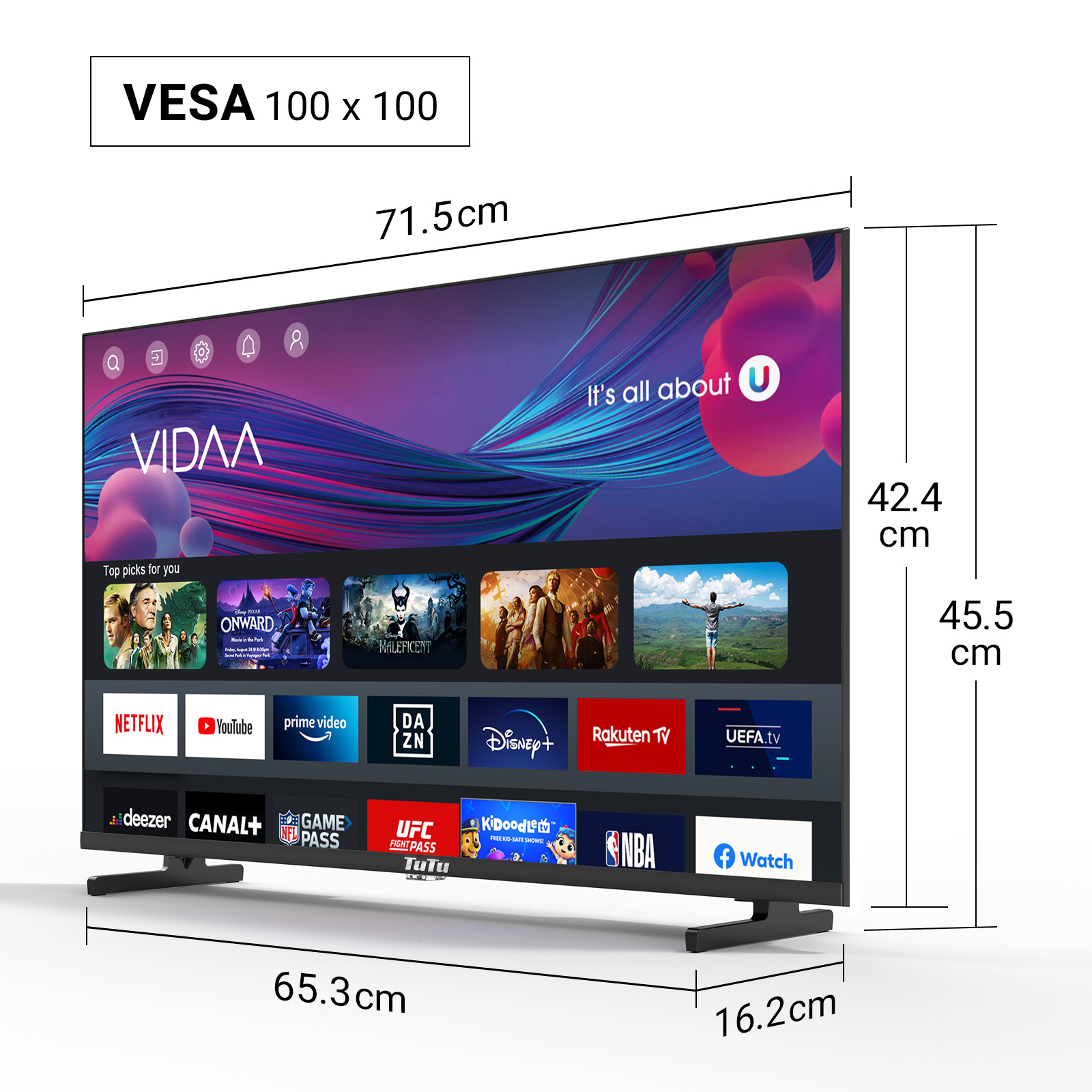 TV mit Abmessungen, Logos von Streaming-Diensten sind auf dem Bildschirm zu sehen.