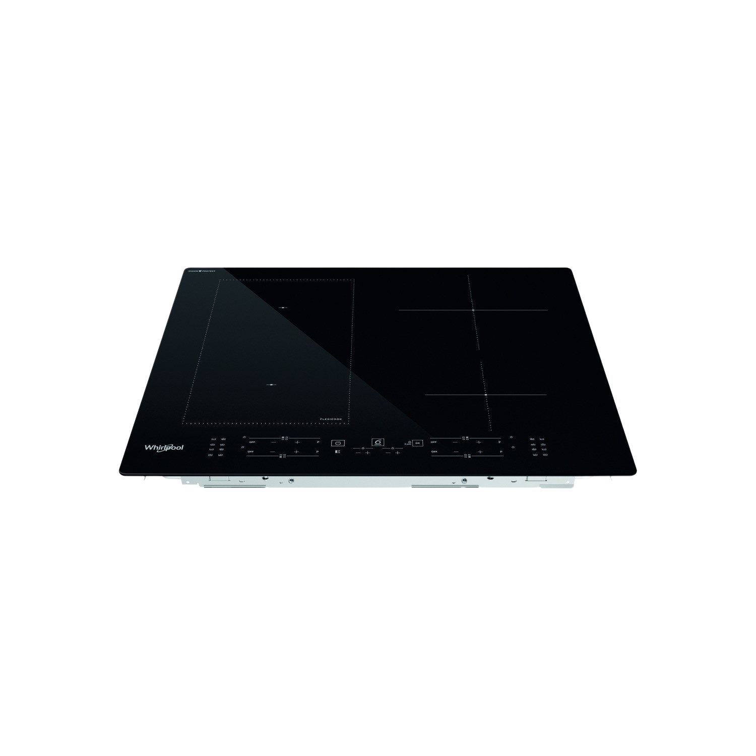 Czarna płyta indukcyjna z czterema strefami gotowania i logo Whirlpool, widok z góry, na czarnym tle.