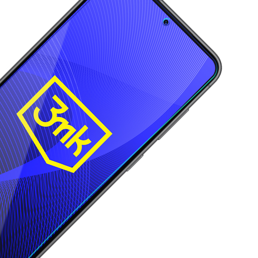 Zbliżenie smartfona z niebieskim wzorzystym ekranem i żółtym logo z napisem '3mk'.