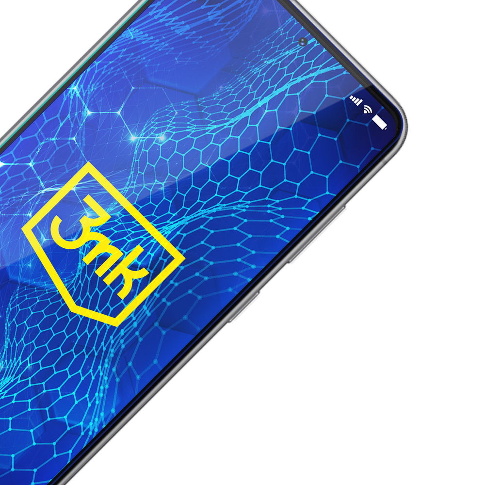 Ekran smartfona z logo 3mk. Niebieskie tło sieci. Prawy górny róg pokazuje wskaźniki sygnału i baterii.