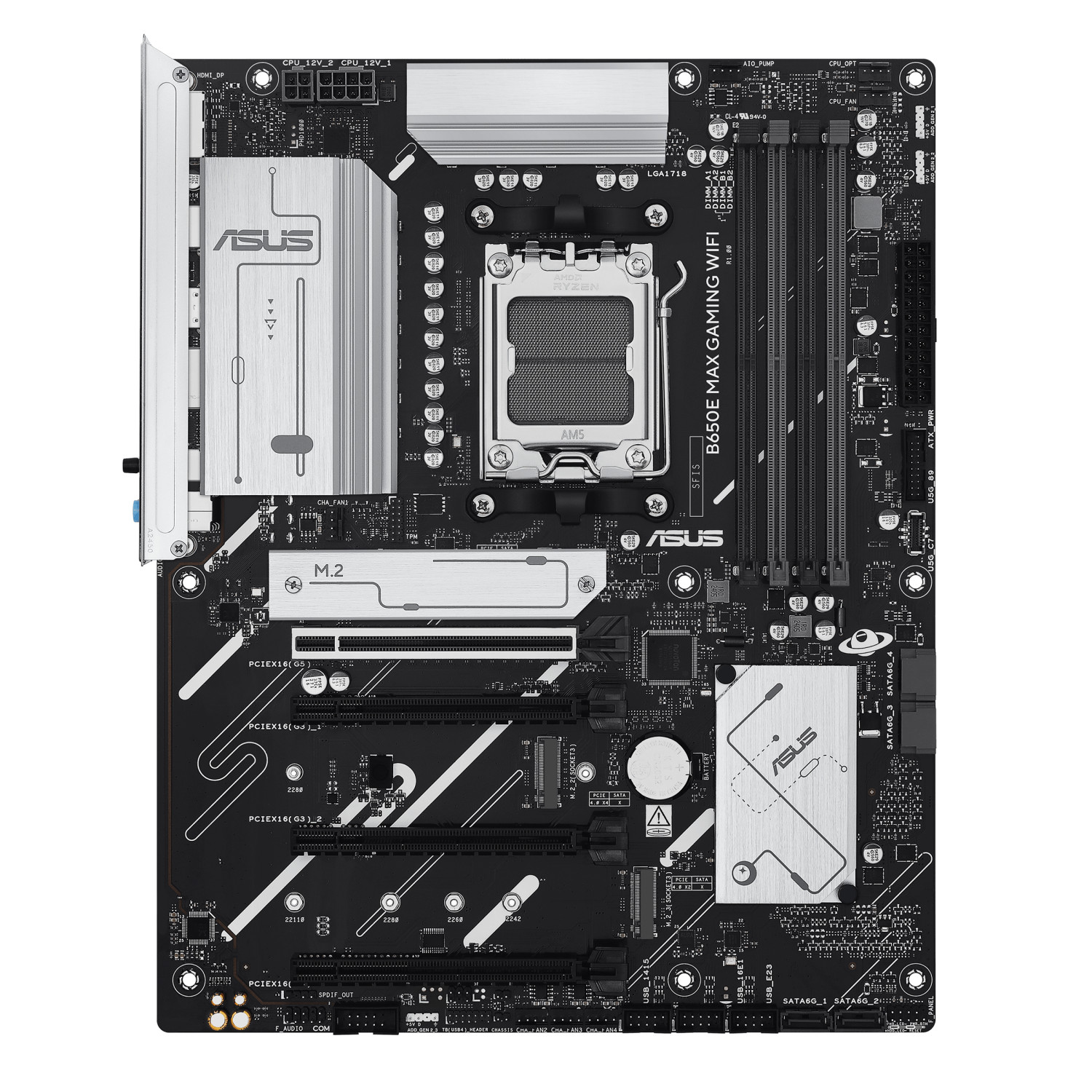Computer-Motherboard mit silbernen Komponenten und schwarzer Platine.