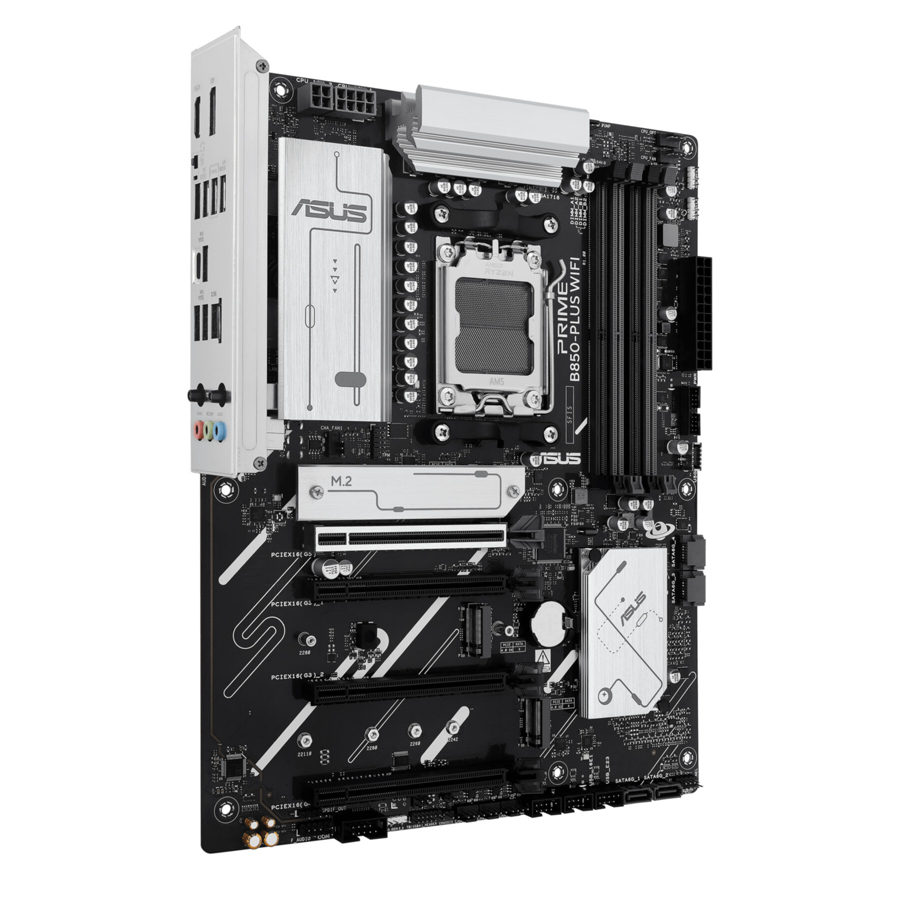 Computer-Motherboard mit silbernen Komponenten und schwarzer Platine.
