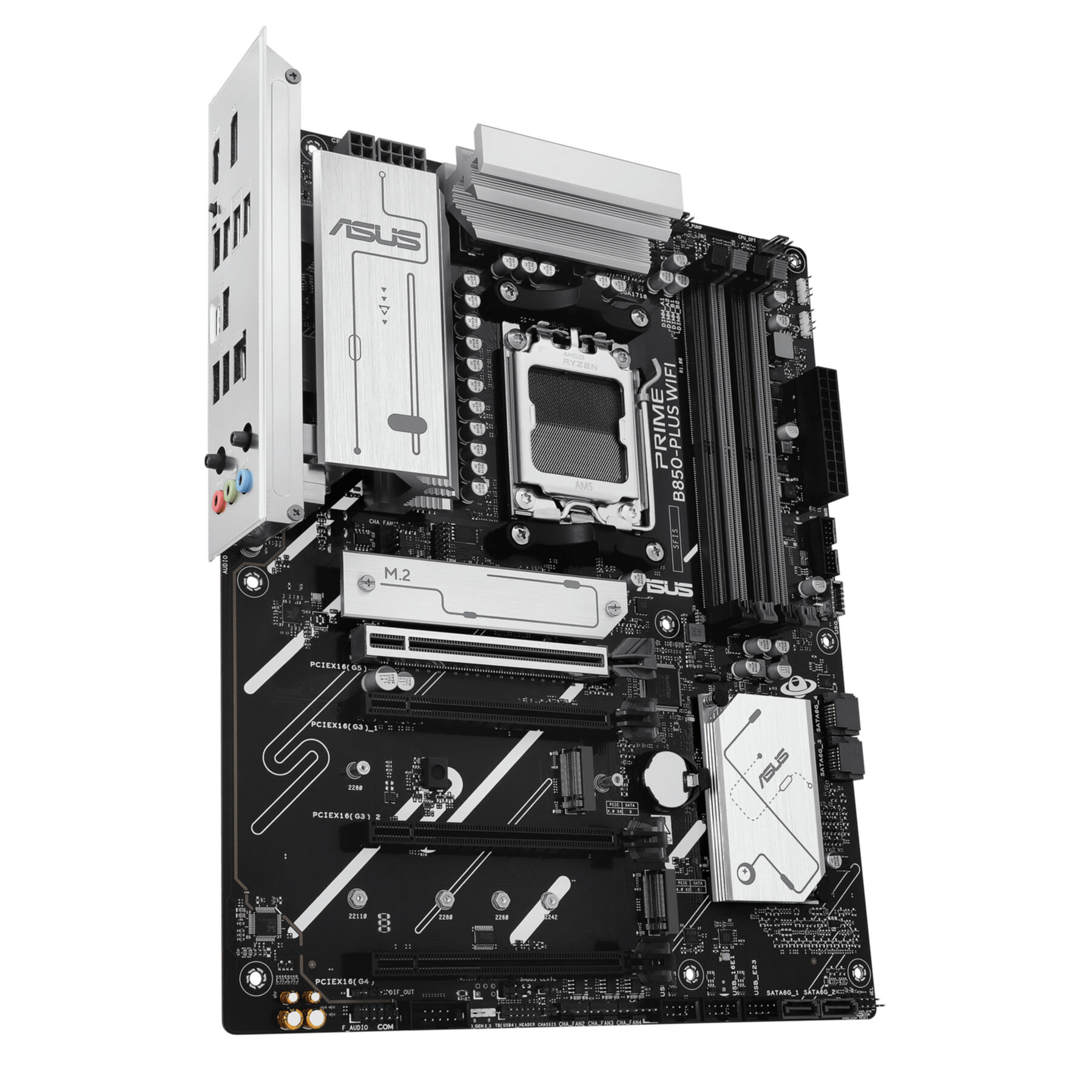 Computer-Motherboard mit silbernem und schwarzem Design.