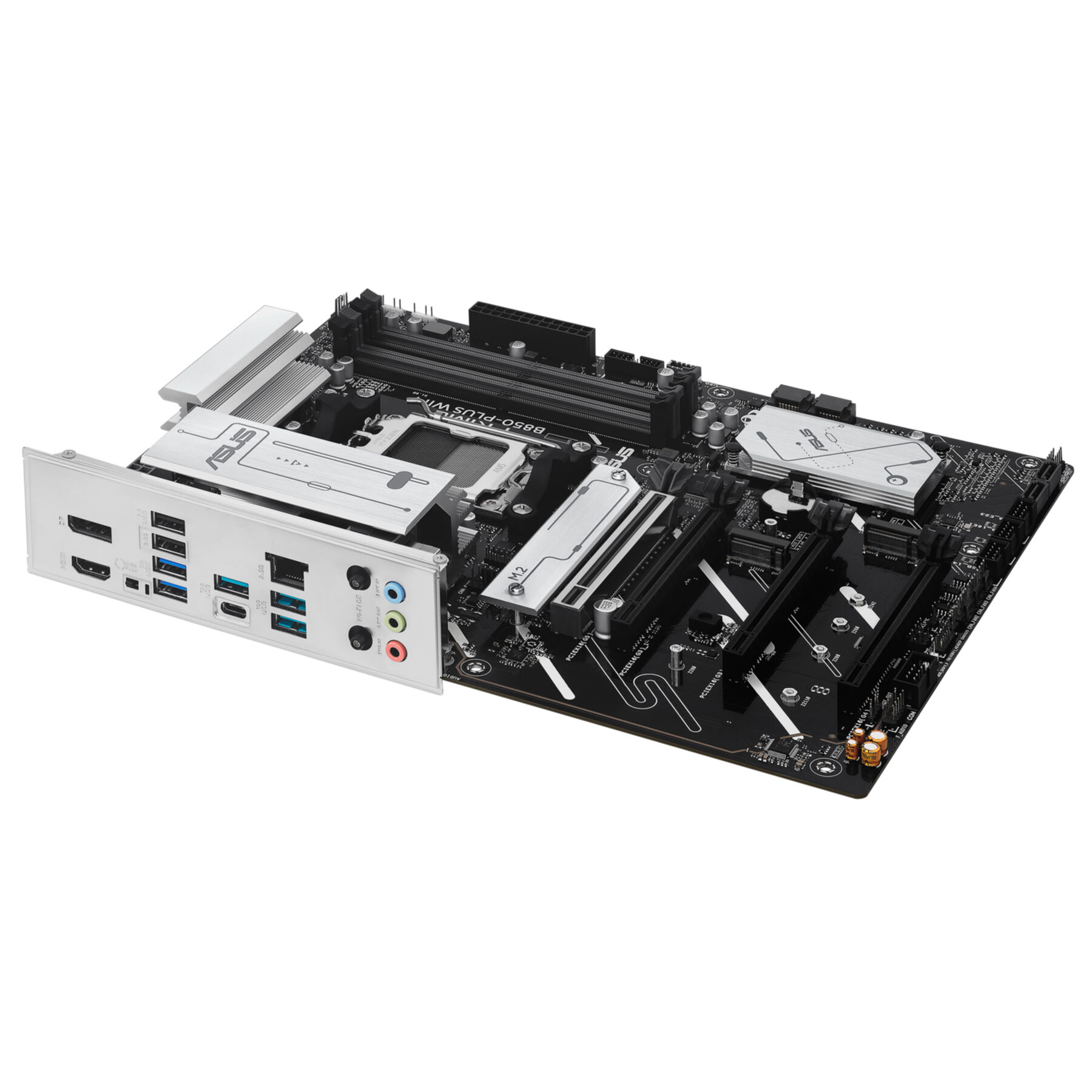 Rückseite des Computer-Motherboards mit Anschlüssen. Silber und Schwarz.