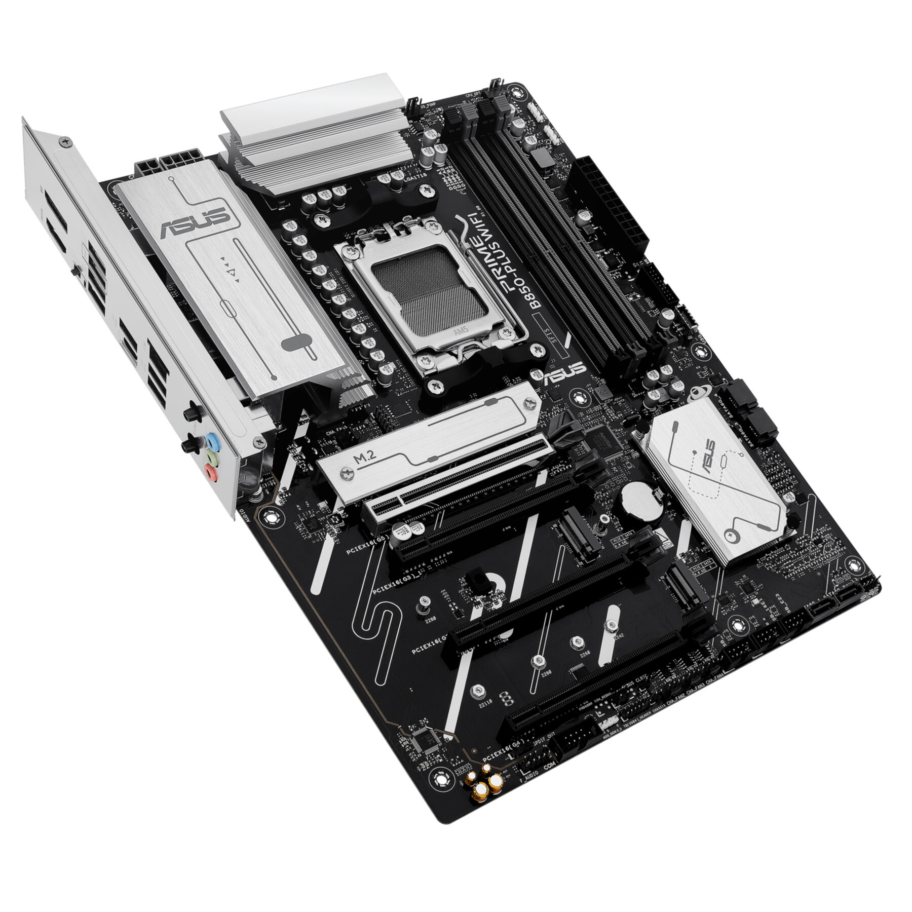 Computer-Motherboard mit silbernen Komponenten und schwarzer Platine.