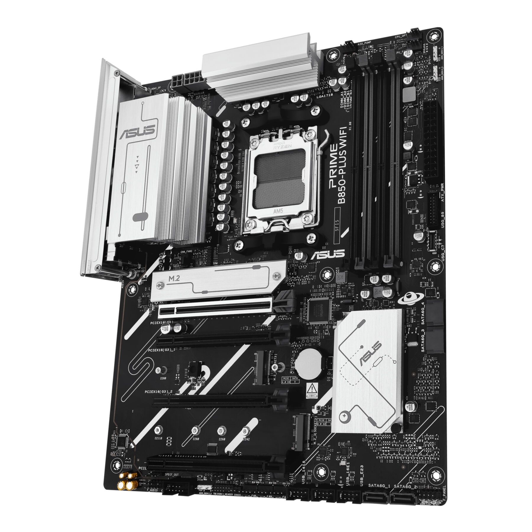 Ein schwarzes ASUS PRIME B550-PLUS WIFI Motherboard mit silbernen Komponenten, einem CPU-Sockel und verschiedenen Anschlüssen.