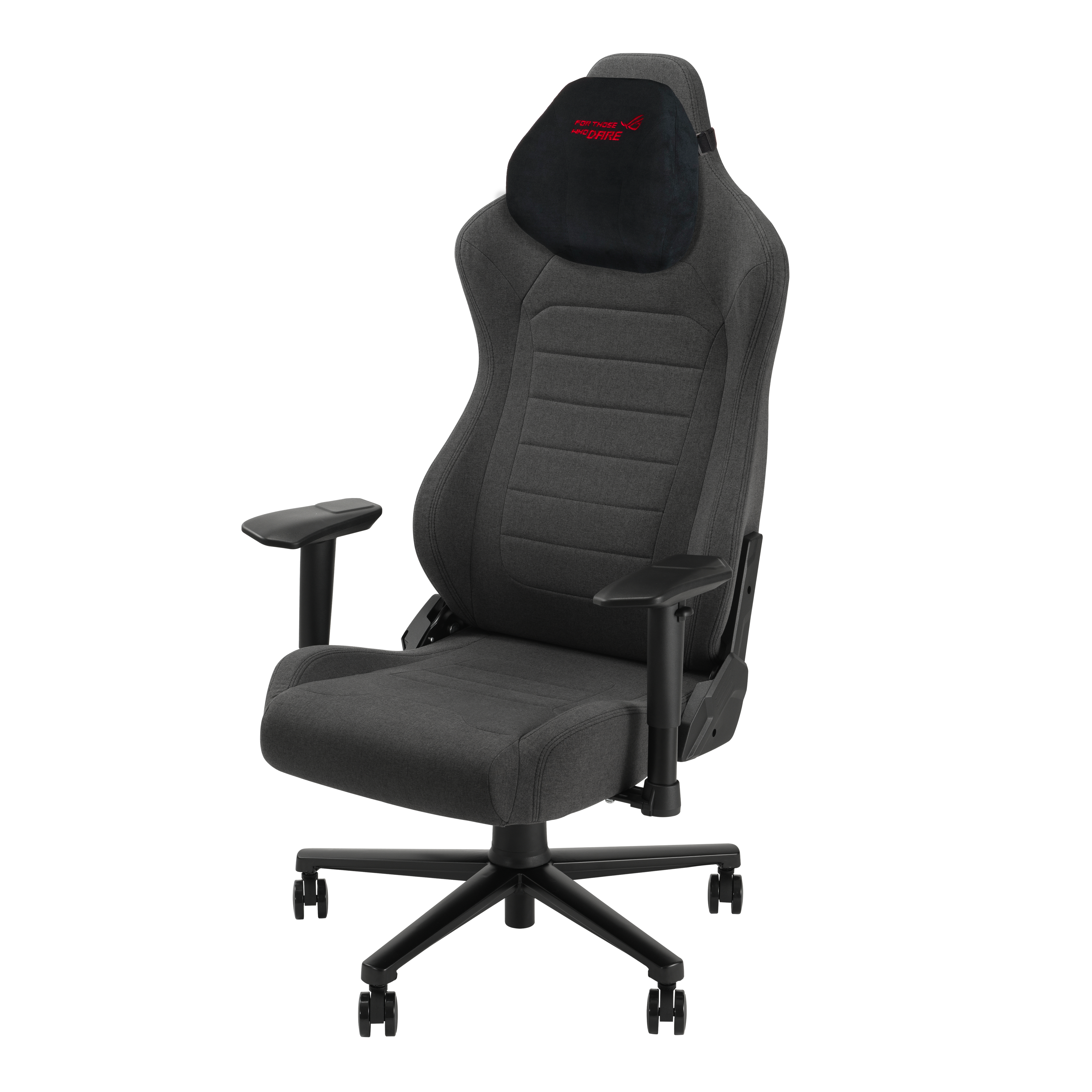 Una sedia da gaming grigia con poggiatesta nero e logo rosso, mostrata in una vista di tre quarti su bianco.