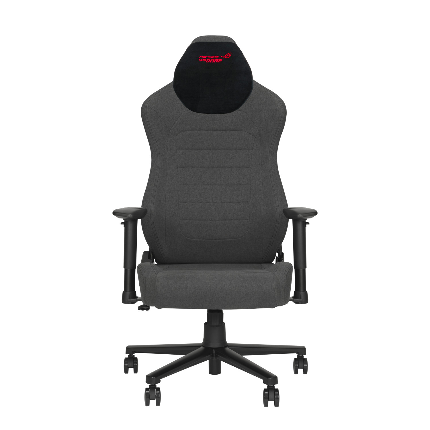 Una sedia da gaming grigia con poggiatesta nero e logo rosso, su sfondo bianco.