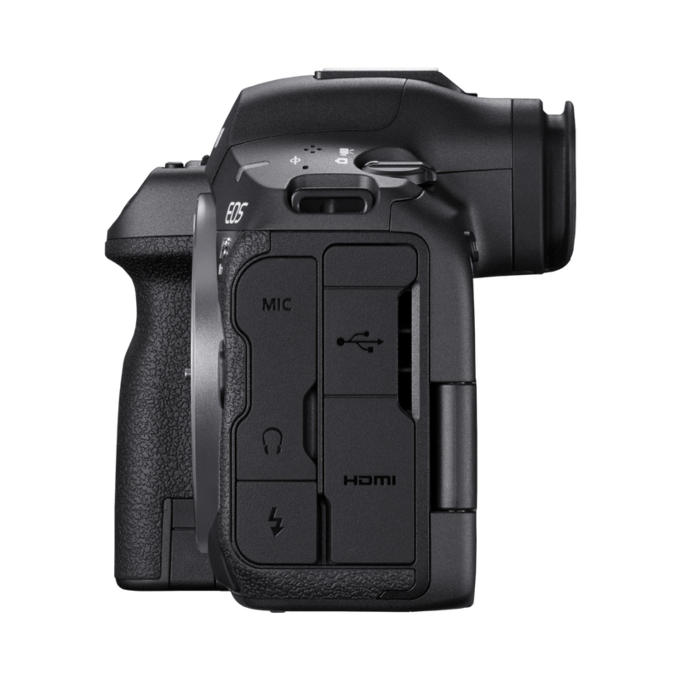 Bok czarnego aparatu Canon EOS R5 Mark II wyświetlany na białym tle.