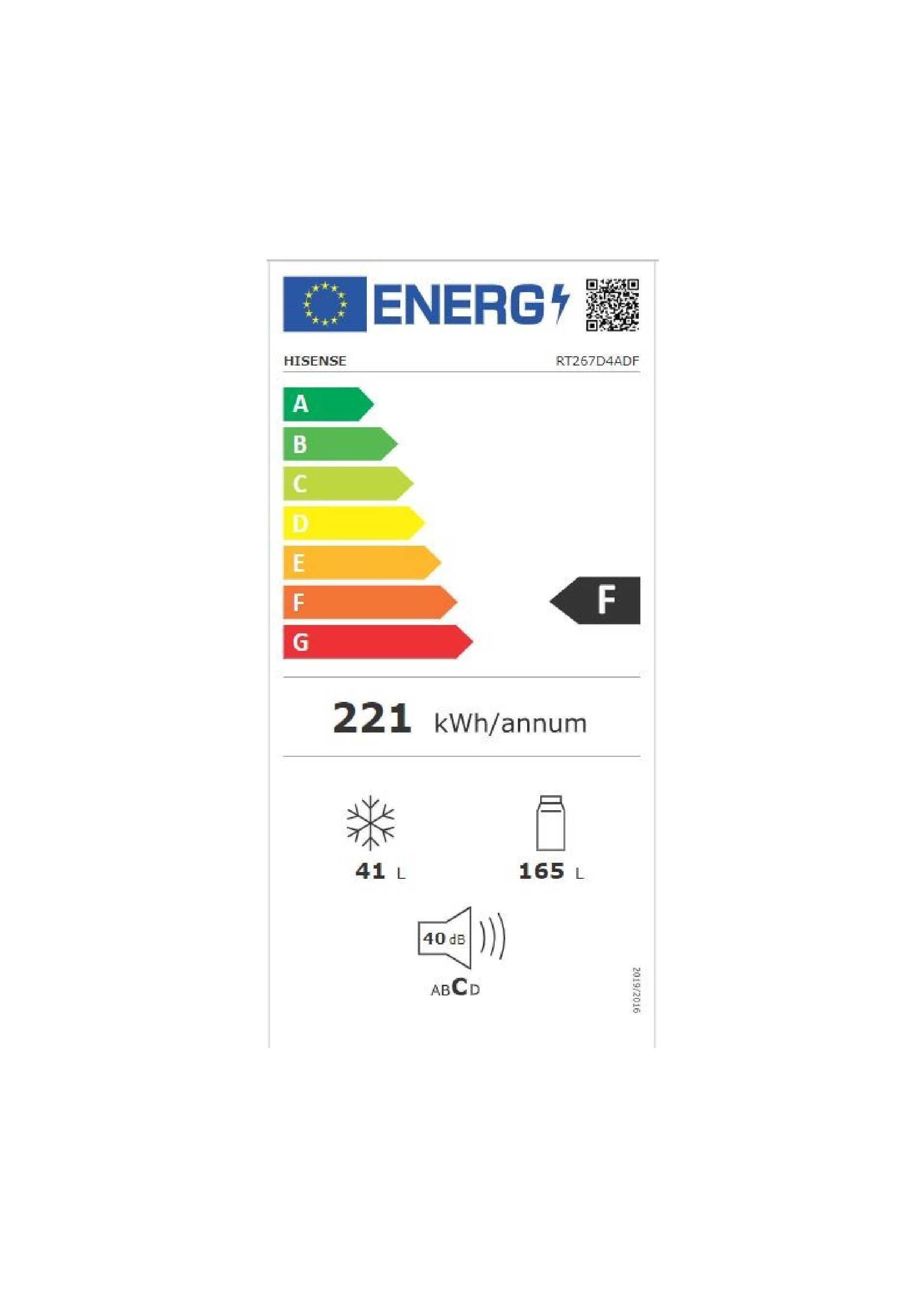 Etichetta energetica per un frigorifero Hisense. Mostra la classe di efficienza energetica e altri dati tecnici.