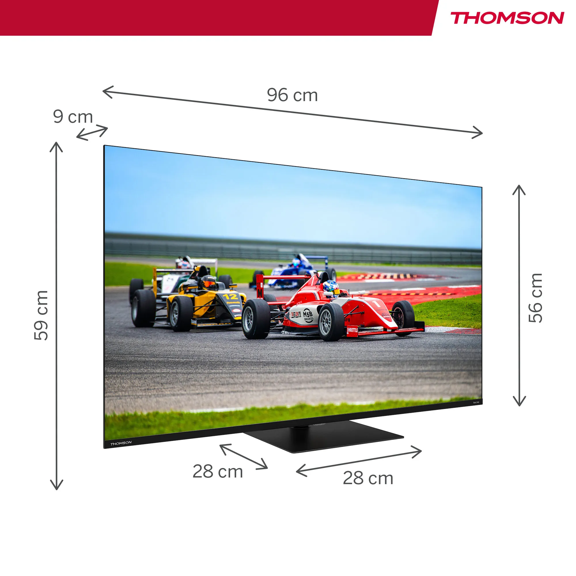 A Thomson TV displays a racing car scene. Dimensions are noted: 96cm wide, 59cm high, and 28cm base.