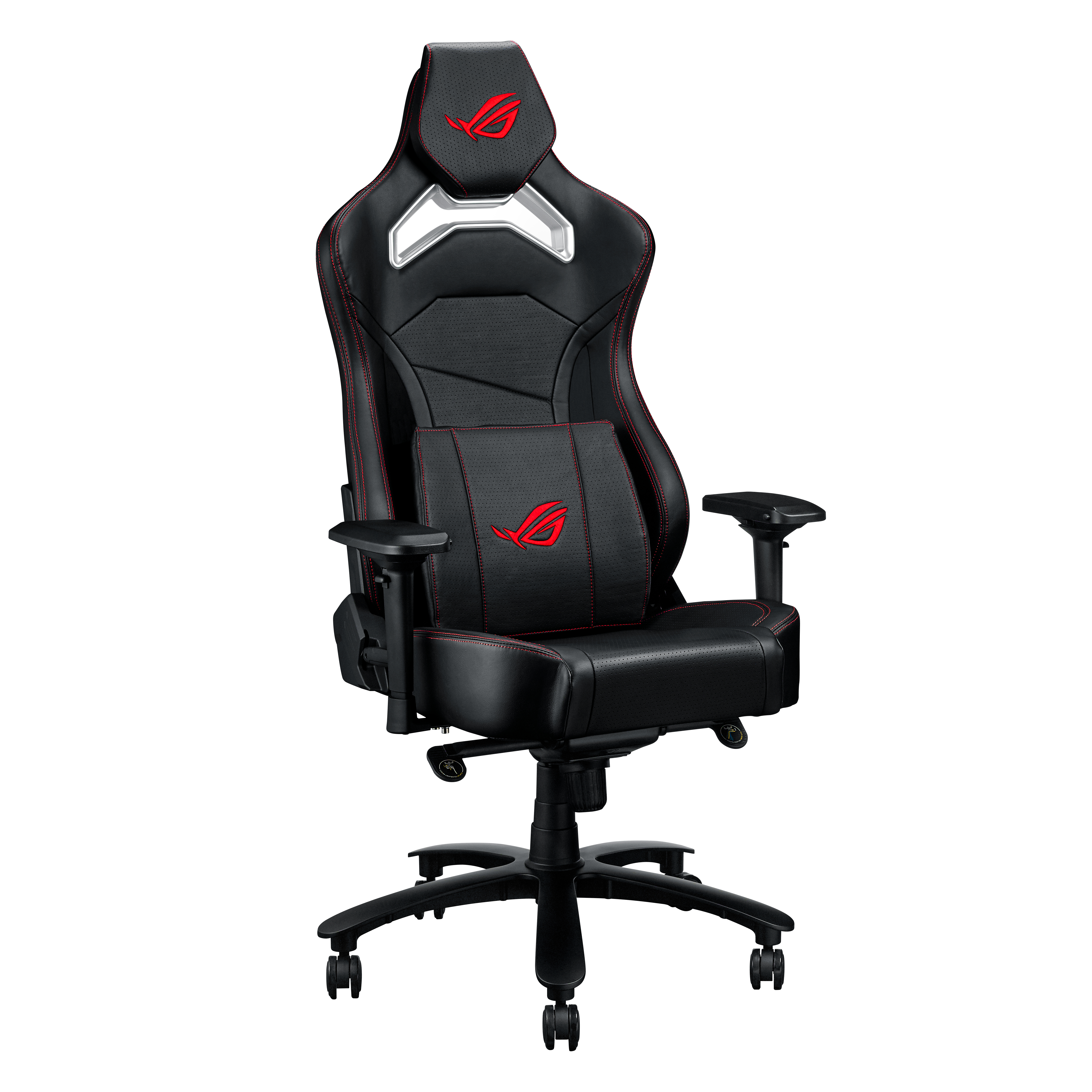 Sedia da gaming nera con cuciture e logo rossi. Ha schienale alto, braccioli e una base con ruote.