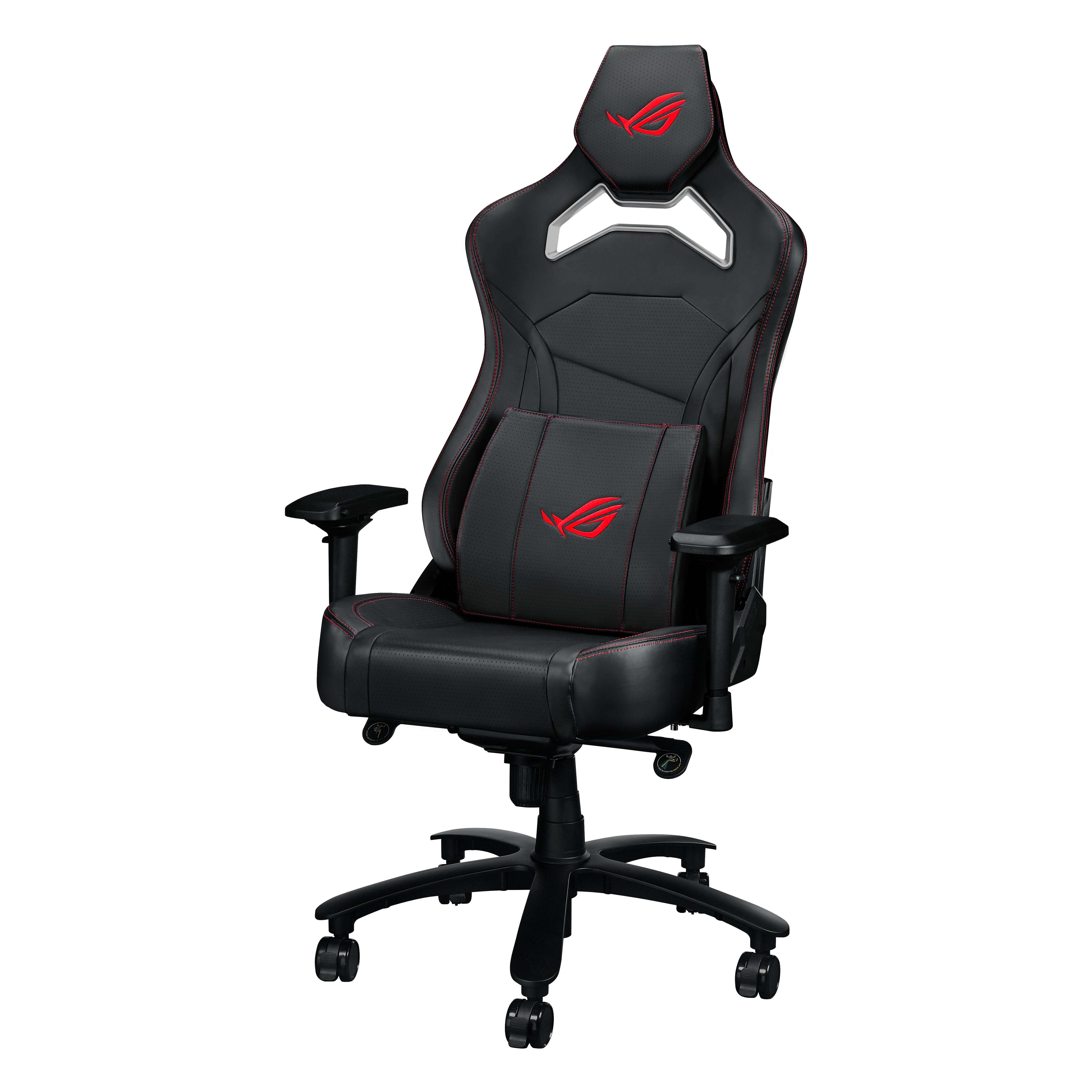Sedia da gaming nera con dettagli rossi, logo e ruote su sfondo bianco.