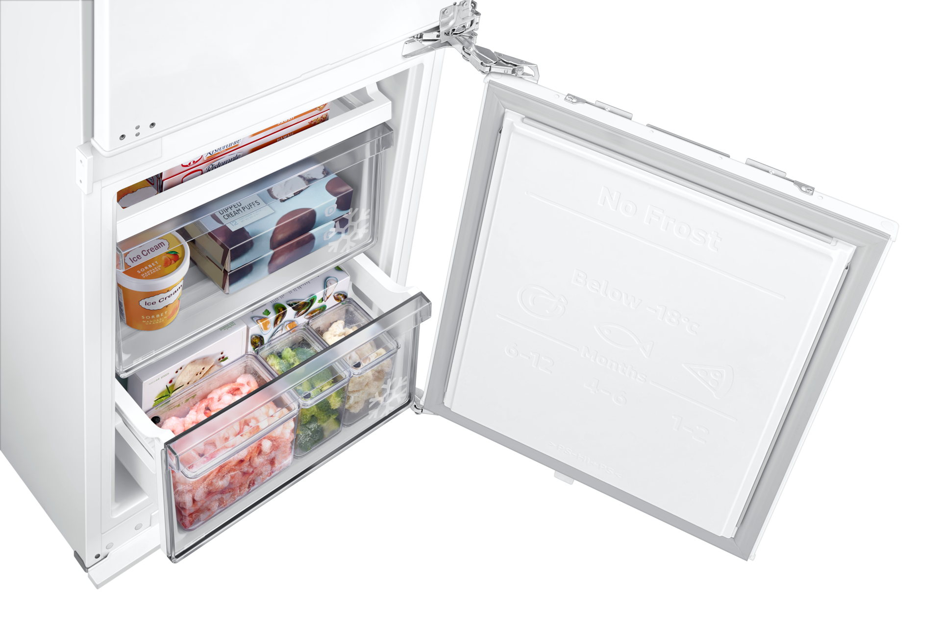 Gefrierfach mit Eiscreme, Tiefkühlkost und einem Schild mit 'No Frost'.