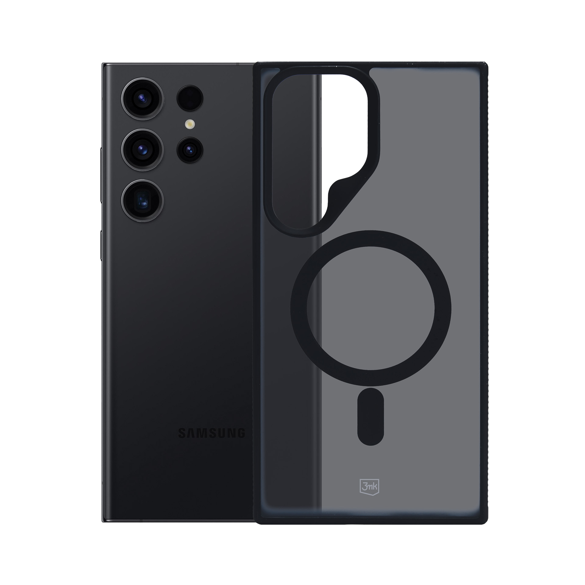 Telefon i etui. Telefon ma wiele obiektywów aparatu, a etui ma pierścień i wycięcie na aparat.