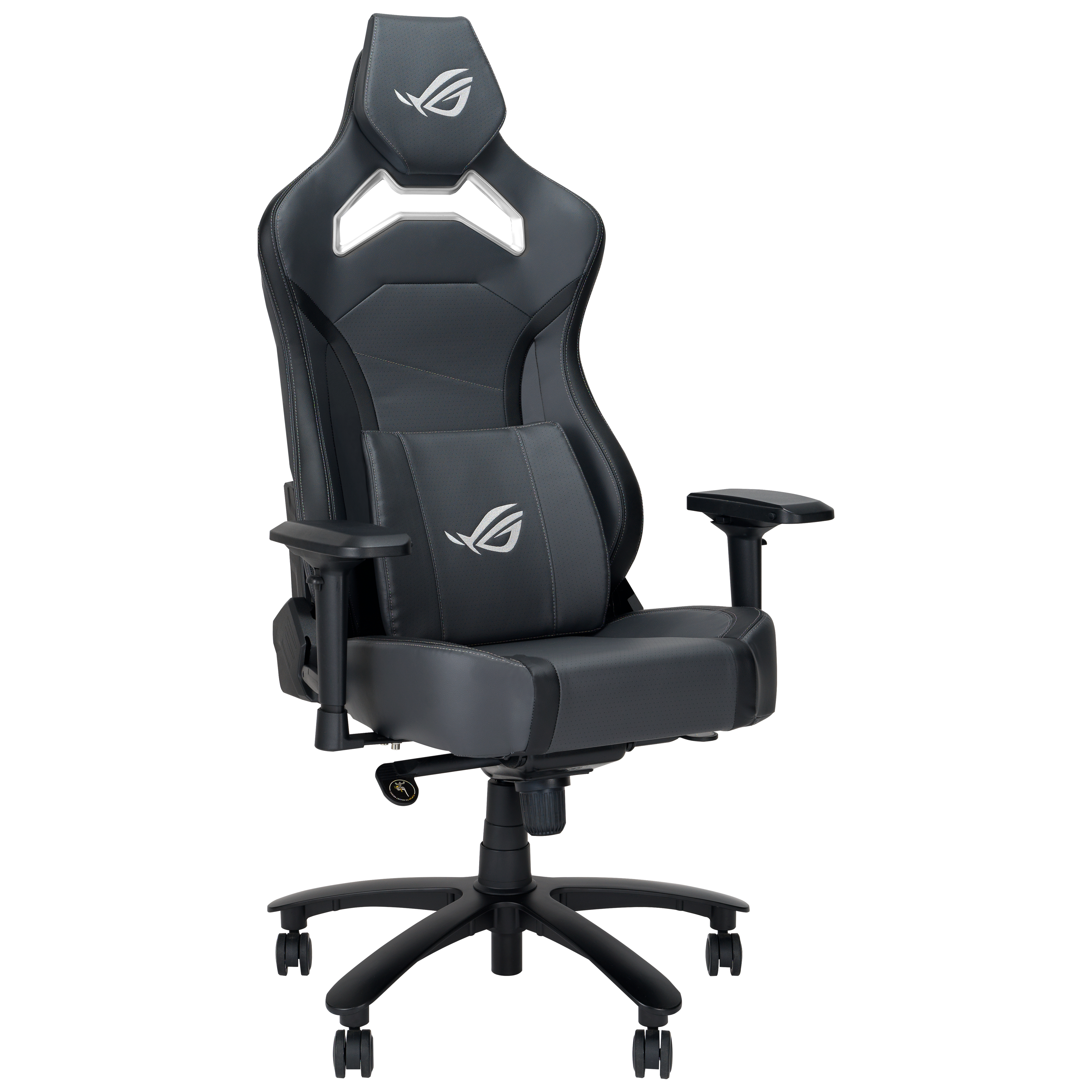 Una sedia da gaming frontale. Grigio e nero con un logo ROG. Ha braccioli ed è su una base con ruote.