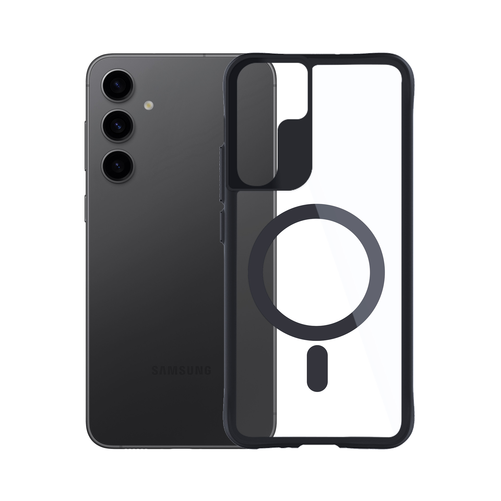 Custodia per telefono nera con retro trasparente che mostra un telefono con 3 fotocamere e un cerchio bianco.