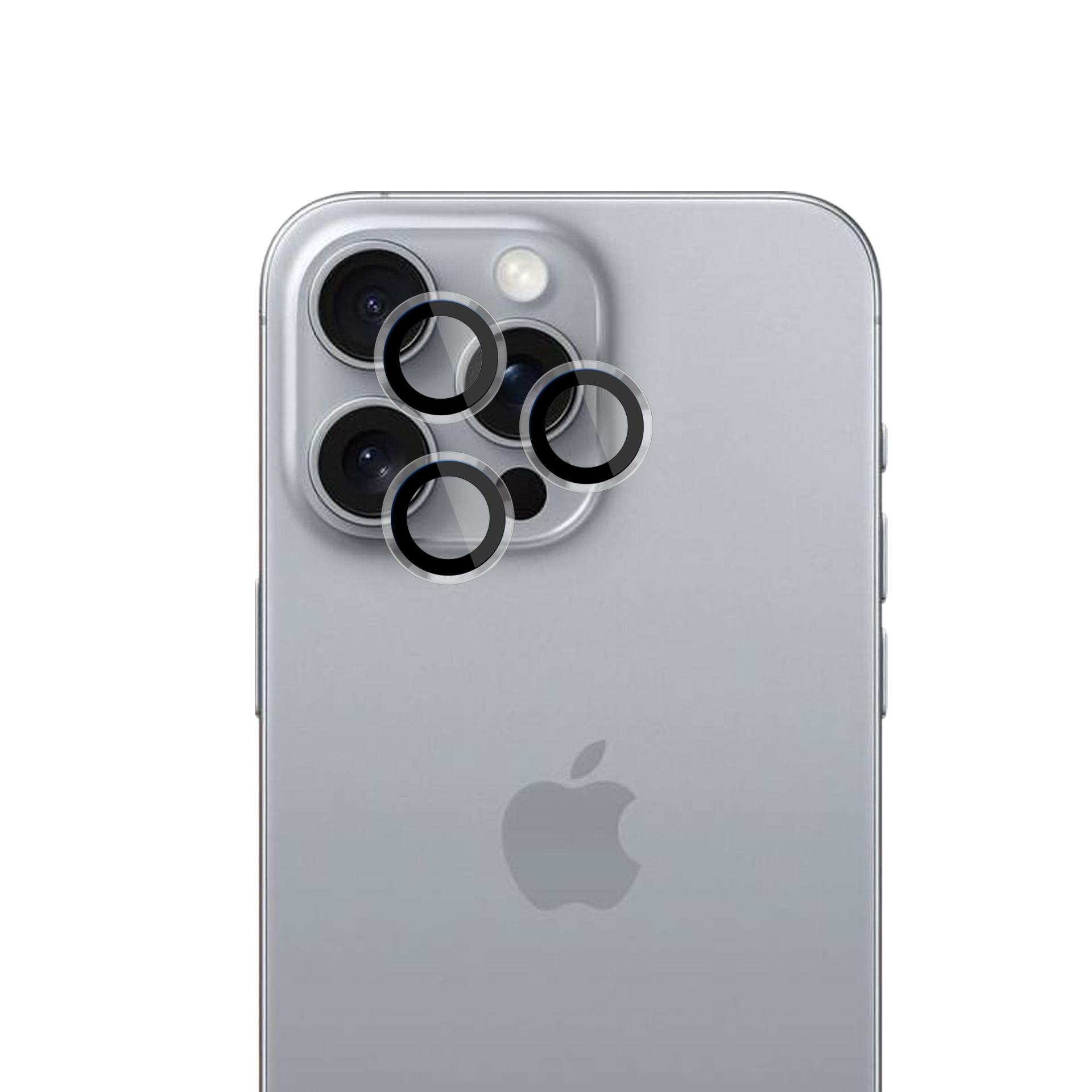 Retro del telefono argentato con protezioni per lenti. Anelli trasparenti coprono le lenti. Logo Apple in basso.