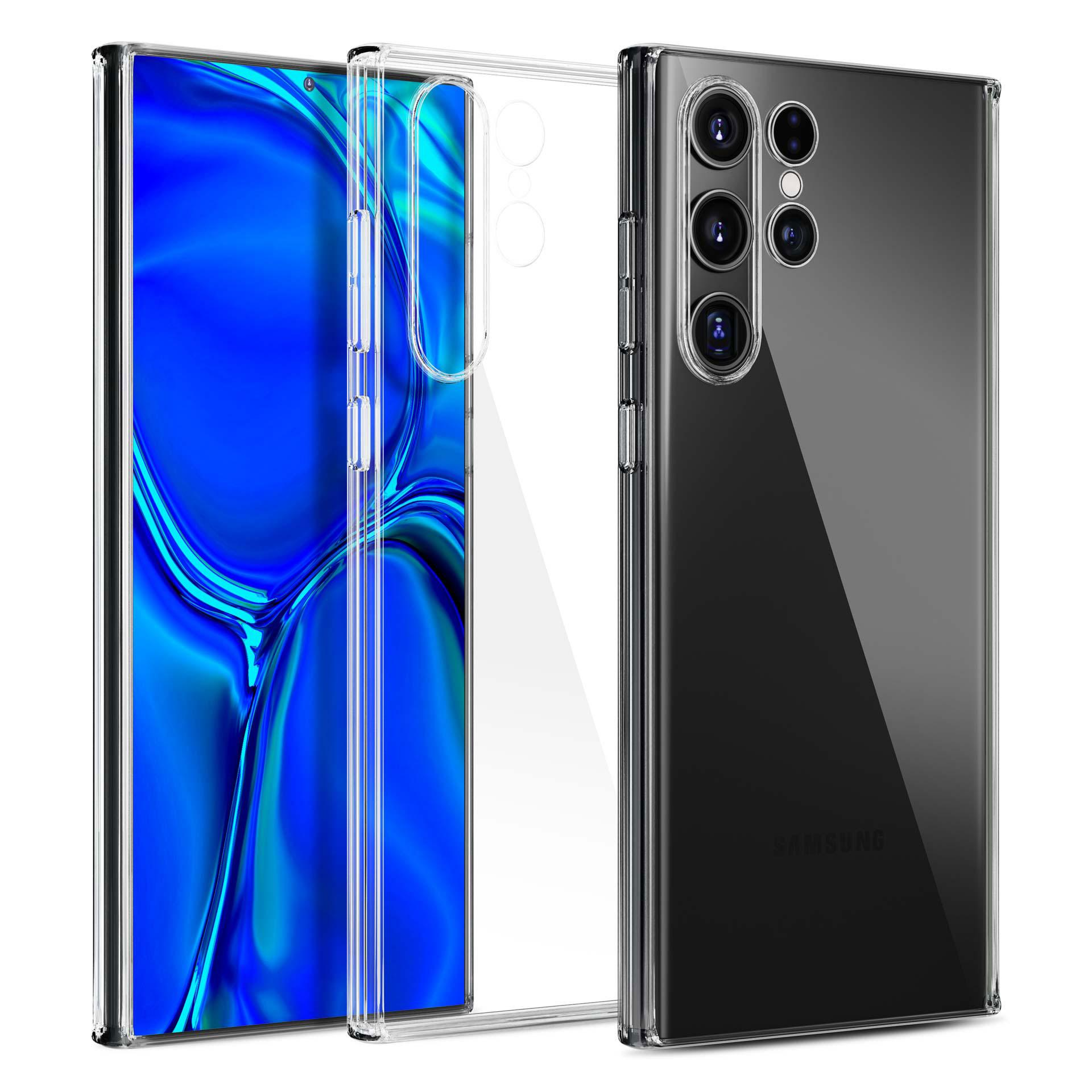 Przezroczyste etui na telefonie z niebieskim ekranem. Tył ma 3 aparaty.