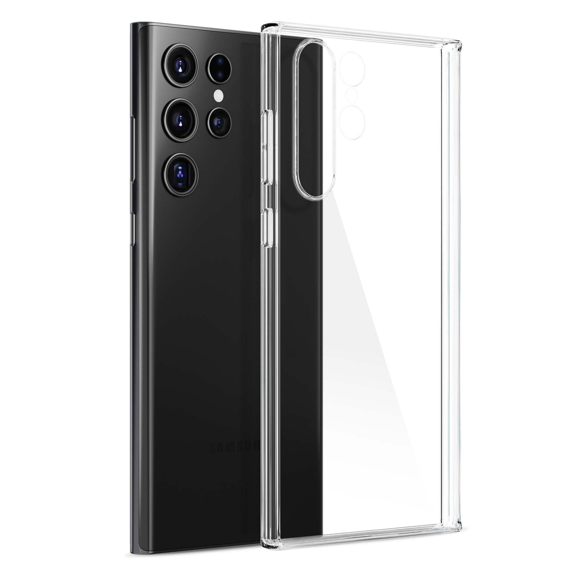 Zbliżenie tyłu telefonu z przezroczystym etui. Widoczne są 4 aparaty.