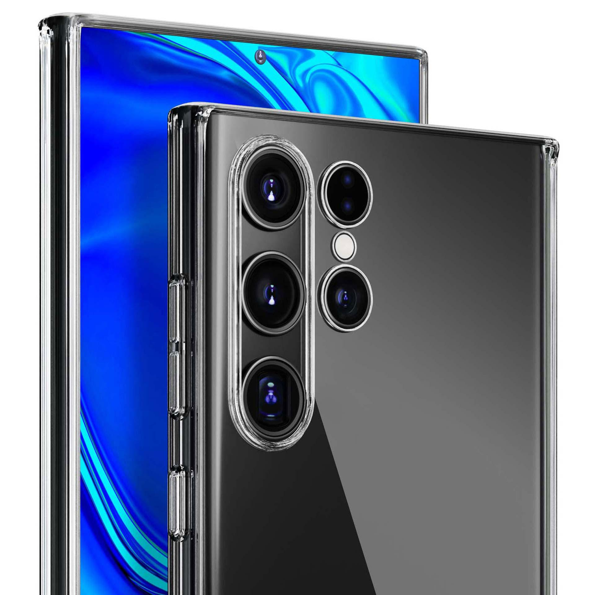 Telefon z przezroczystym etui. Ekran jest niebieski, a tył ma 4 aparaty.