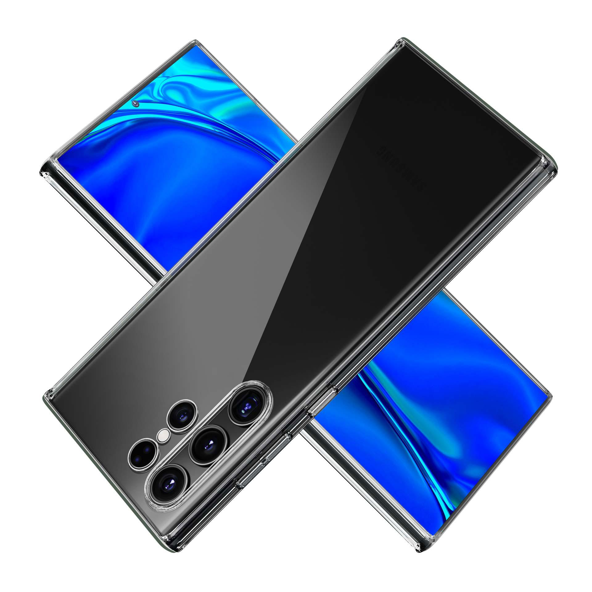 Przezroczyste etui na telefon z telefonem w środku. Telefon jest pod kątem, pokazując obiektywy aparatu.