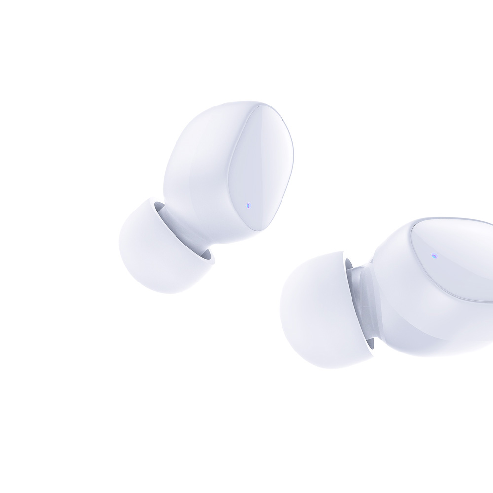 Auricolari wireless bianchi su sfondo bianco.