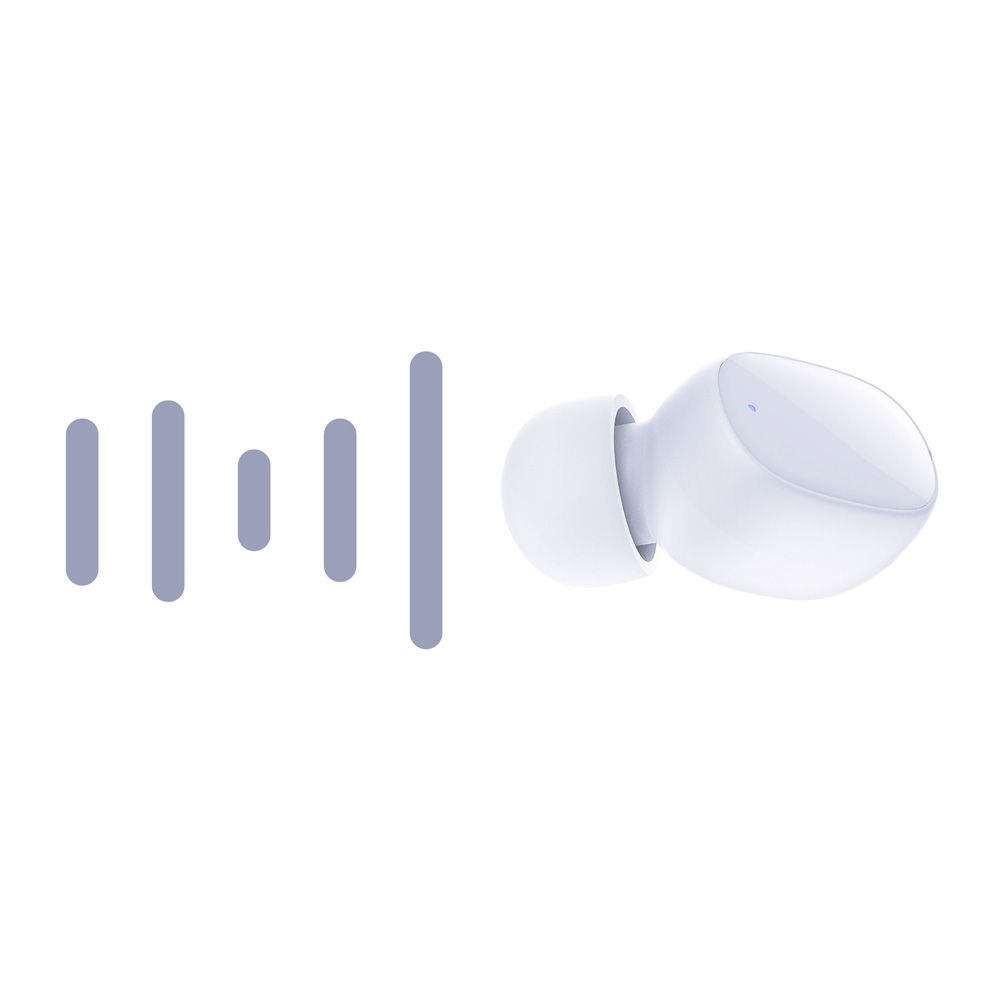 Auricolare wireless bianco con icona dell'onda sonora. Auricolare a destra. Onda sonora a sinistra.