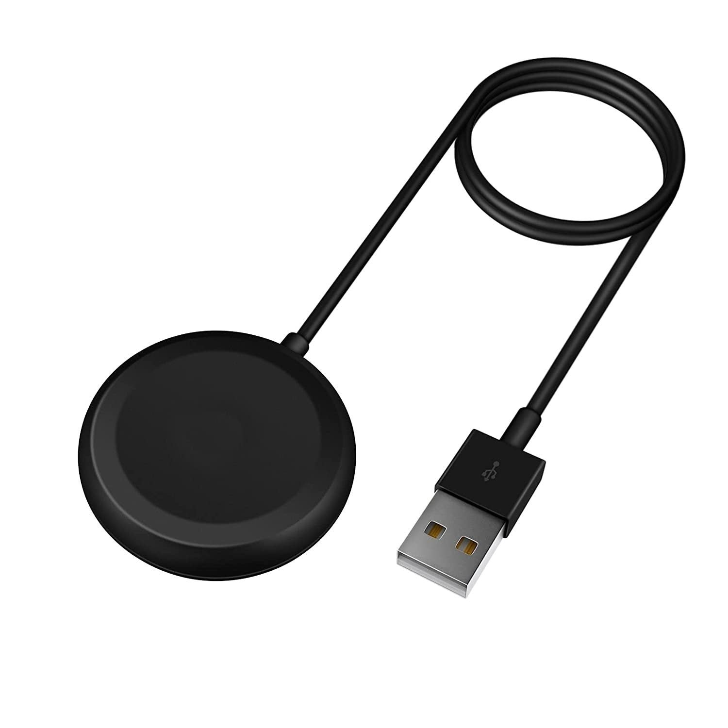 Ein schwarzes Ladekabel für eine Smartwatch. Es hat ein rundes schwarzes Ladepad und einen USB-Anschluss.