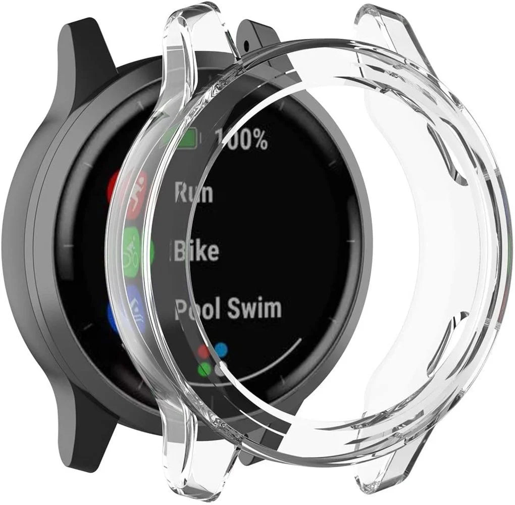 Eine Uhr mit transparentem Gehäuse, das den Bildschirm mit Laufen, Fahrrad und Schwimmen zeigt.