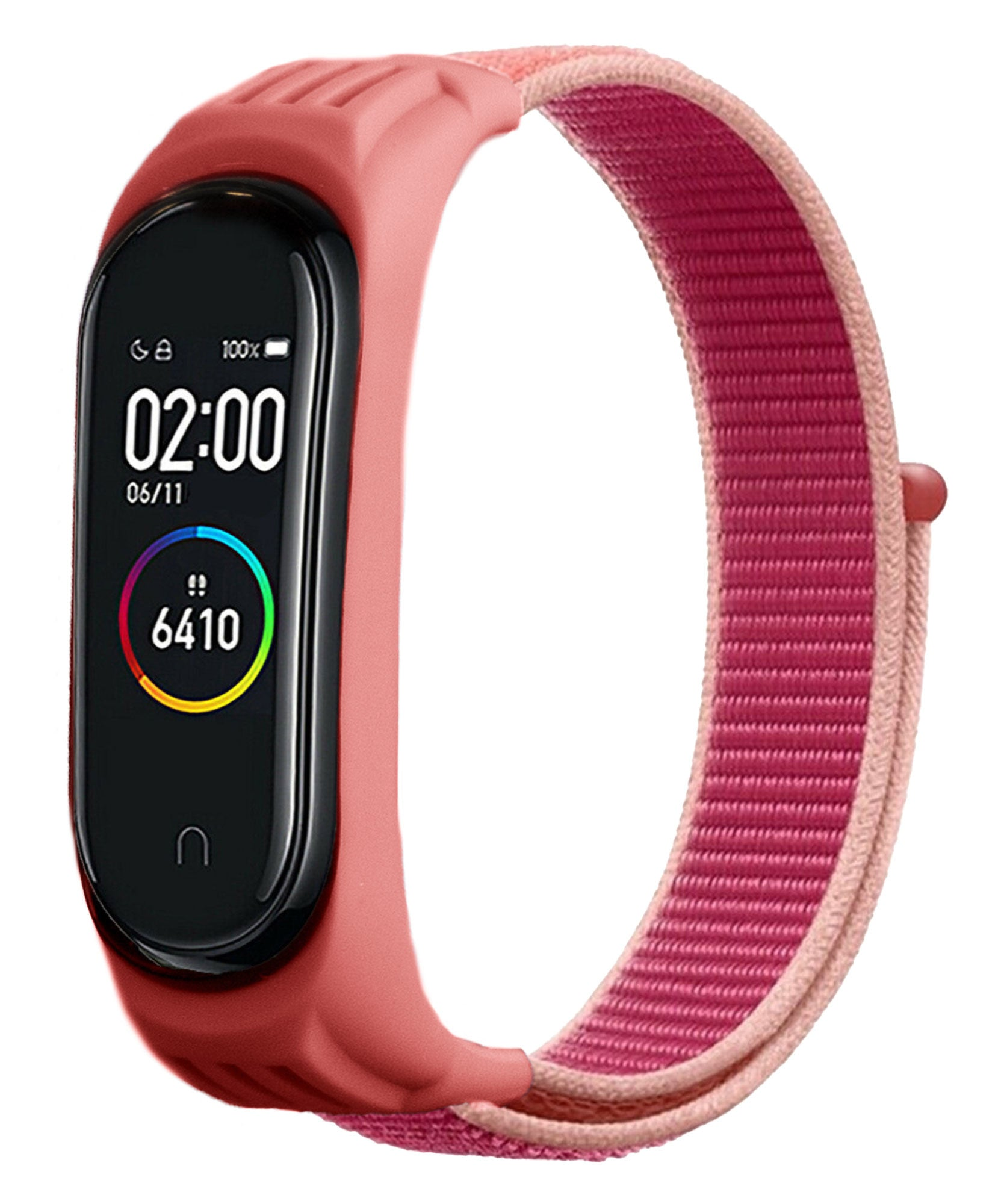 Rosa Fitnesstracker mit rosa-rotem Armband, zeigt Zeit, Schritte und Aktivität.