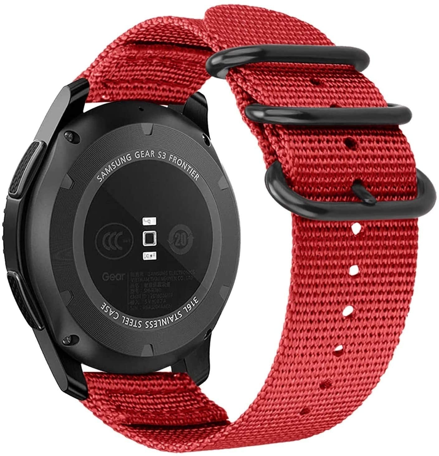 Rückansicht einer schwarzen Samsung Gear S3 Frontier Uhr mit rotem Stoffarmband.