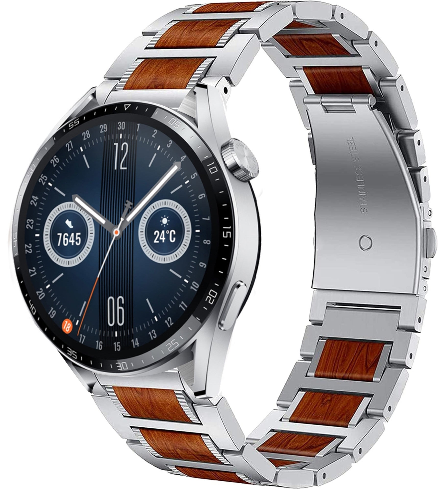 Silberne Smartwatch mit Metallarmband im Holzstil. Das Zifferblatt zeigt Zeit und Daten.