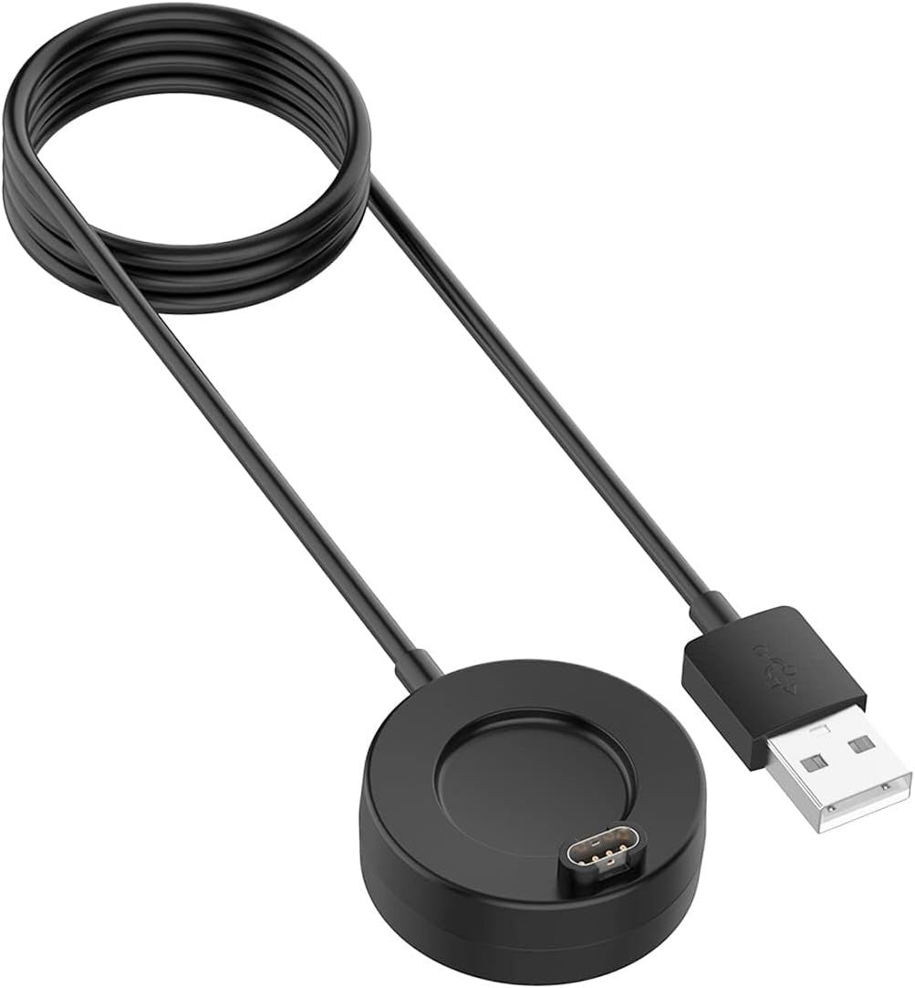 Eine schwarze Ladestation mit einem USB-Kabel. Die Basis hat eine runde Ladefläche und einen USB-A-Anschluss.