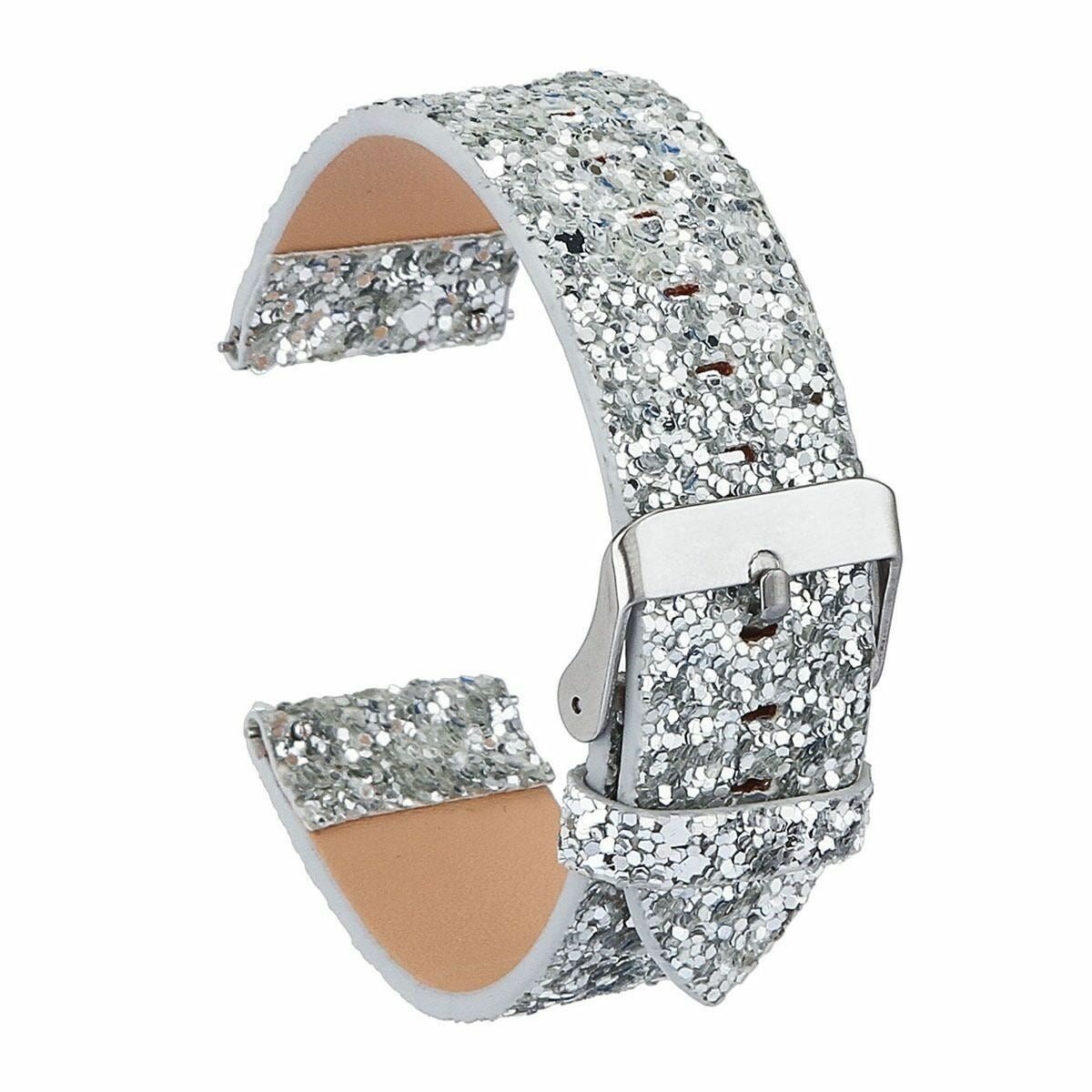 Ein silbernes Uhrenarmband mit glitzerndem Glitzer. Das Armband ist mit einer silbernen Schnalle verbunden.