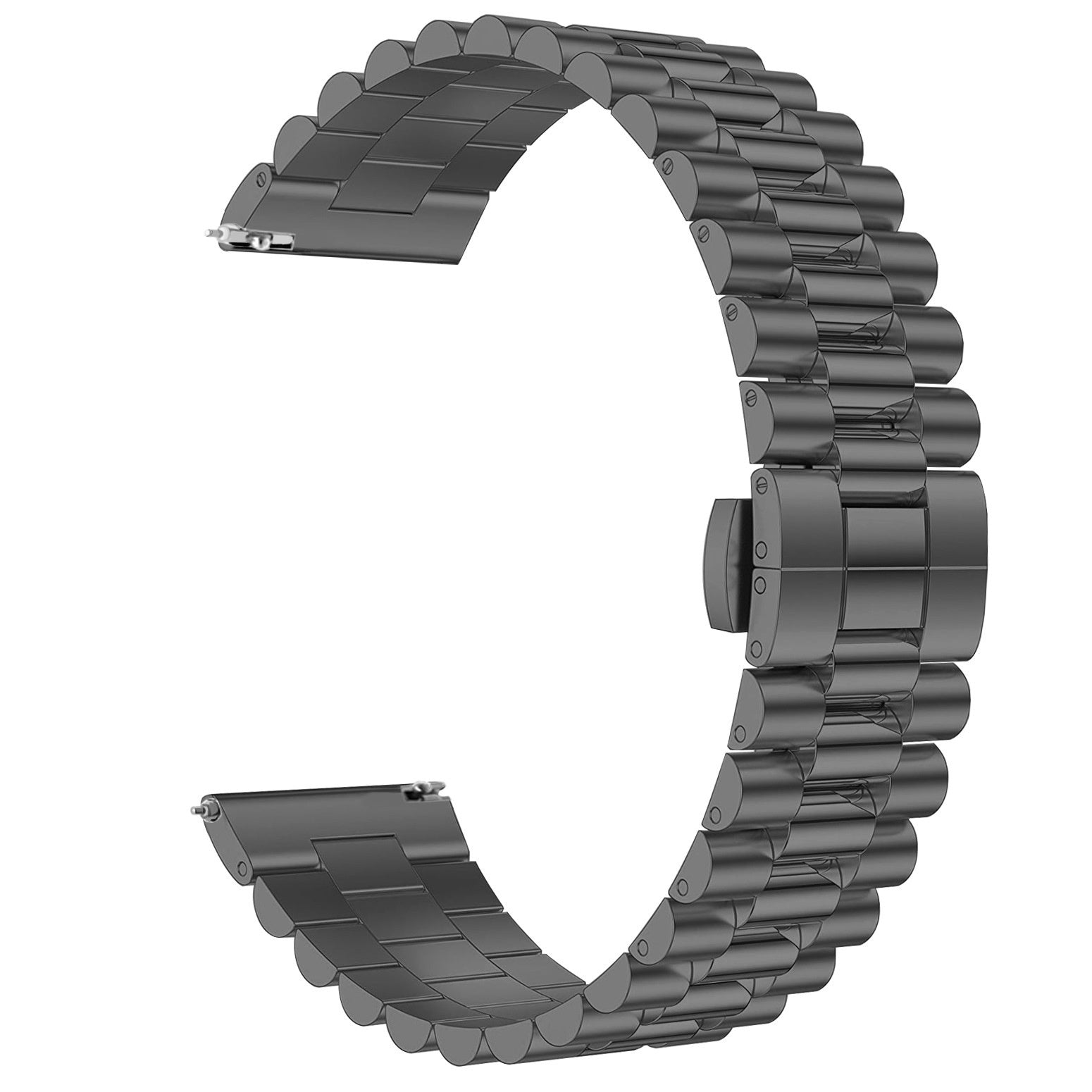 Dunkelgraues Uhrenarmband aus Metall. Das Band besteht aus vielen kleinen Metallabschnitten.