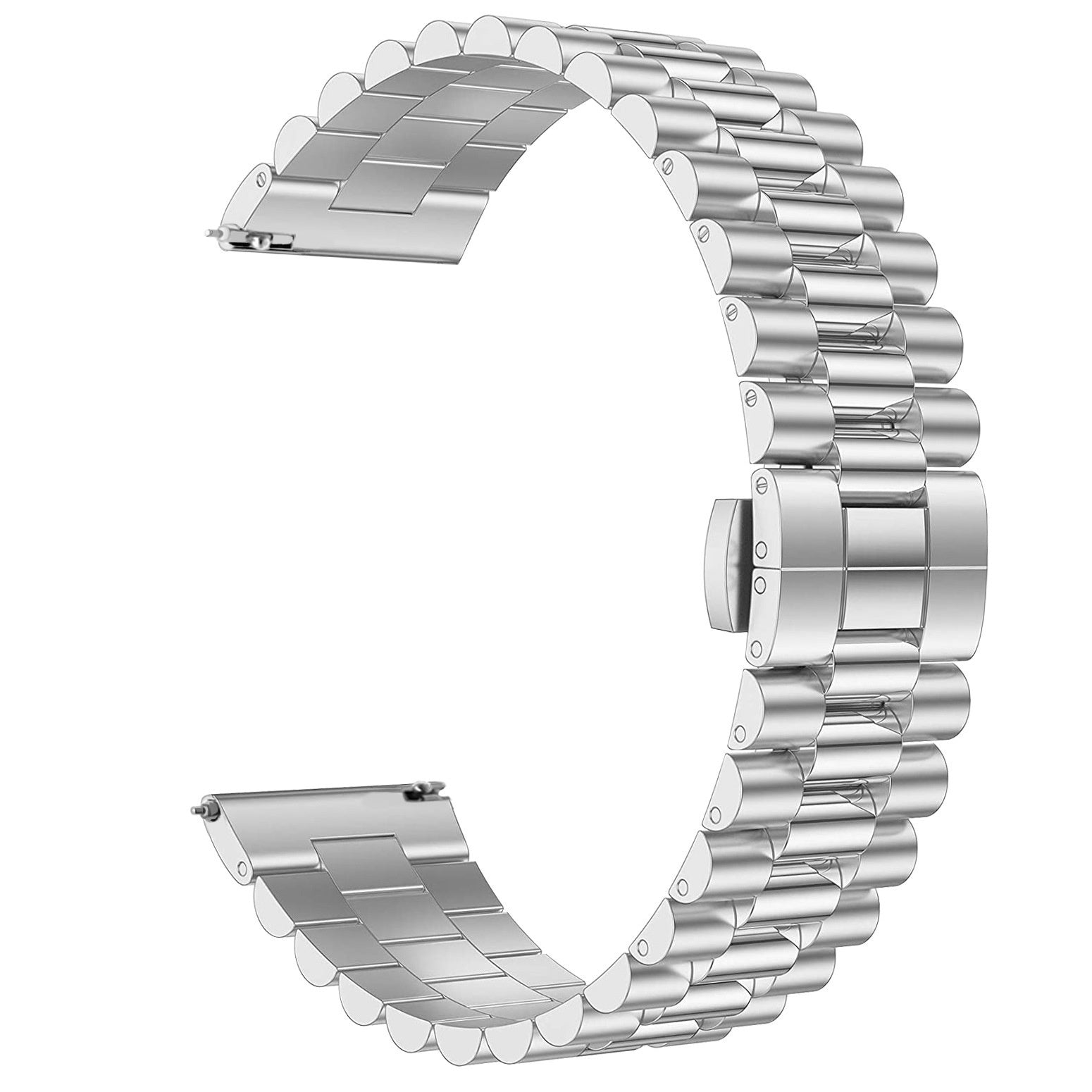 Silbernes Metalluhrenarmband mit einer Reihe abgerundeter rechteckiger Glieder, die eine gekrümmte Form bilden.