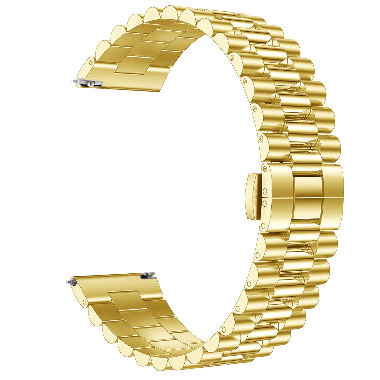 Goldenes Armband für eine Uhr. Das Armband besteht aus goldfarbenen Metallgliedern, die sich krümmen.