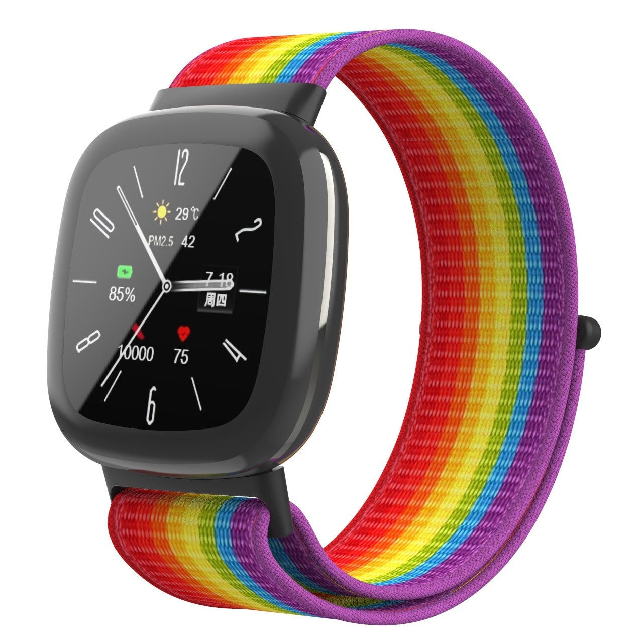 Smartwatch mit Regenbogenarmband. Das Zifferblatt zeigt Zeit, Datum und Gesundheitsdaten.