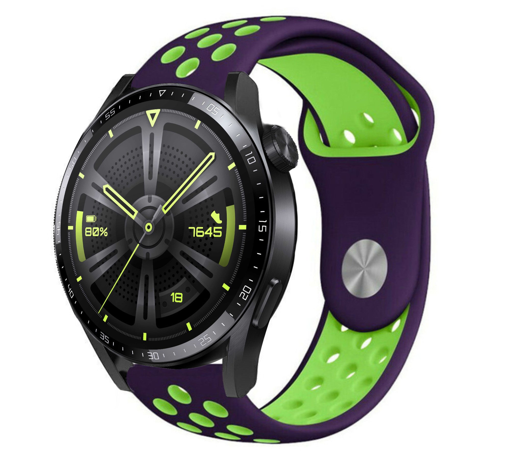 Schwarze Smartwatch mit lila und grünem Armband. Zifferblatt zeigt Uhrzeit, Akku und Schritte.